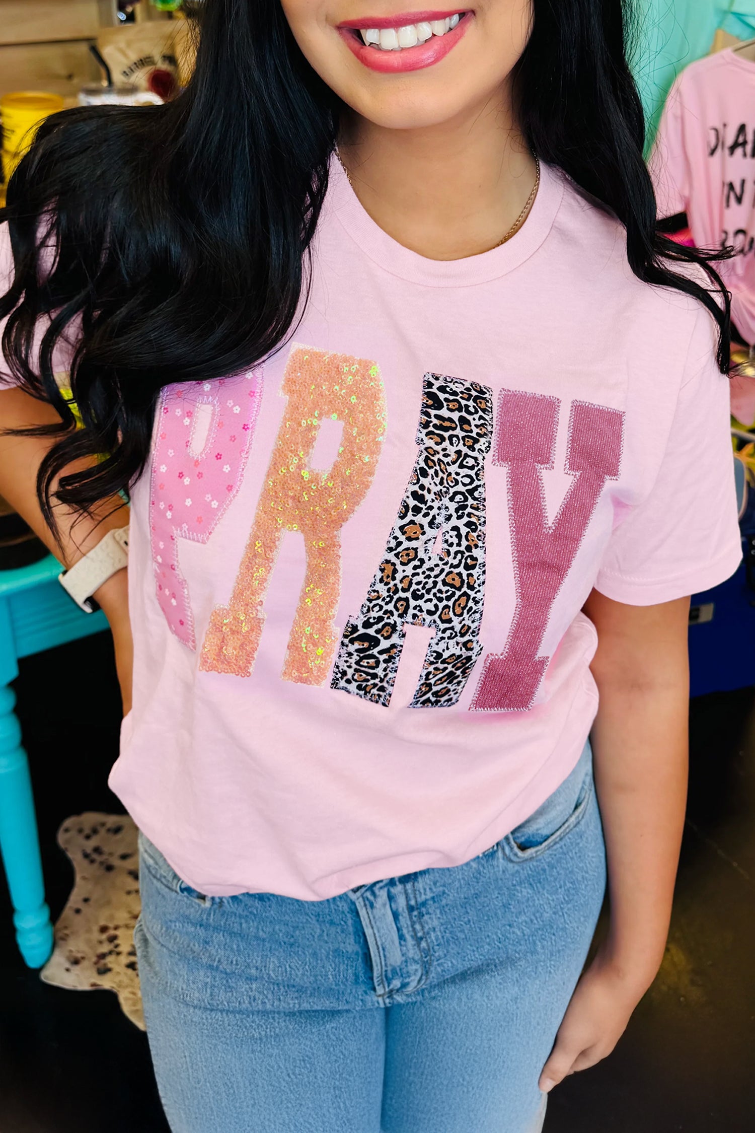 Pink Pray Sequin Leopard Multiple Patched Graphic Tee-Tops/Tops & Tees-[Adult]-[Female]-2022 Online Blue Zone Planet