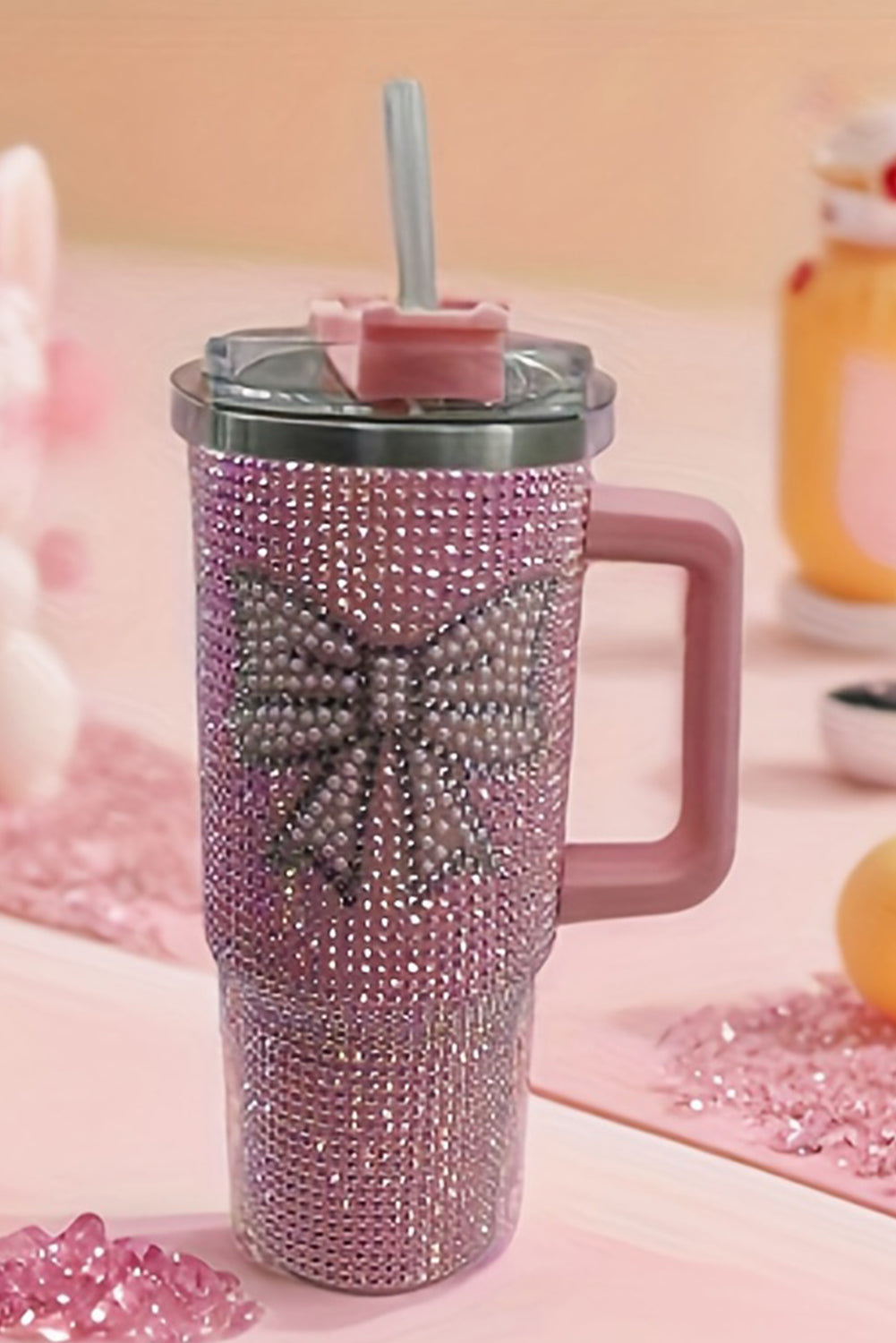 Pink Sweet Rhinestone Bow Tumbler Cup with Straw and Handle-Cups-[Adult]-[Female]-Pink-ONE SIZE-2022 Online Blue Zone Planet