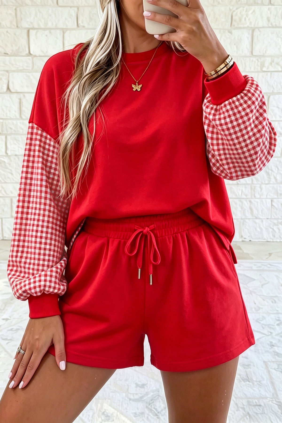 Red Plaid Patchwork Long Sleeve Top Solid Drawstring Shorts Set-Two Piece Sets/Short Sets-[Adult]-[Female]-2022 Online Blue Zone Planet