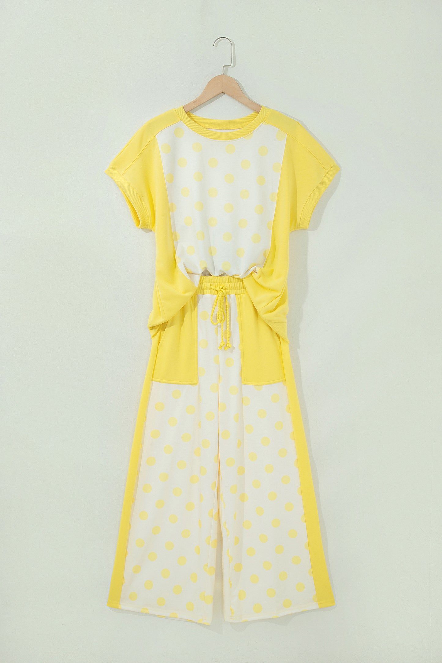 Yellow Color Block Patchwork Polka Dot Wide Leg Pant Set-Two Piece Sets/Pant Sets-[Adult]-[Female]-2022 Online Blue Zone Planet