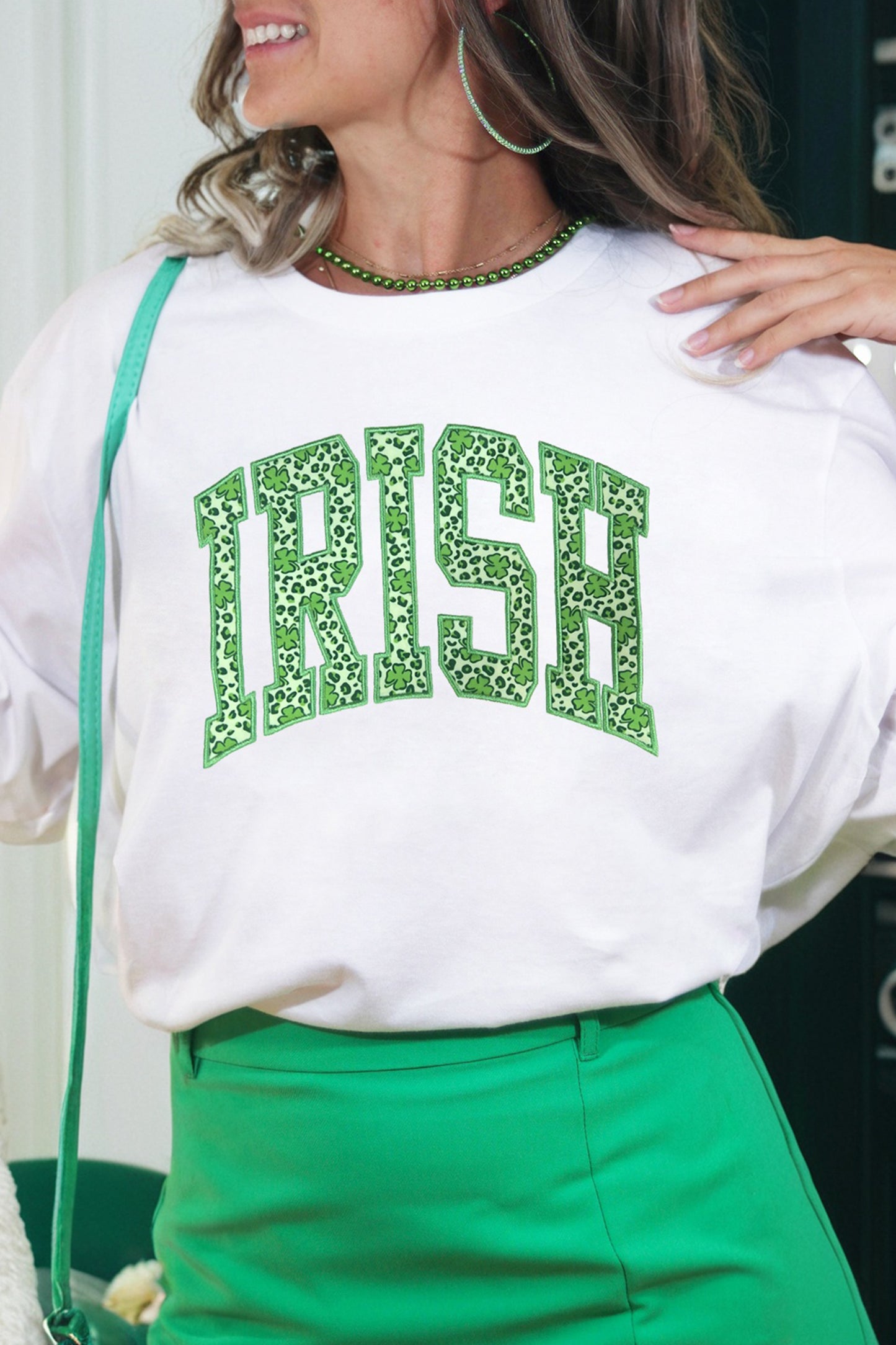 White Irish Leopard Clover Embroidered Patch Graphic Tee-Graphic Tees-[Adult]-[Female]-White-2XL-2022 Online Blue Zone Planet