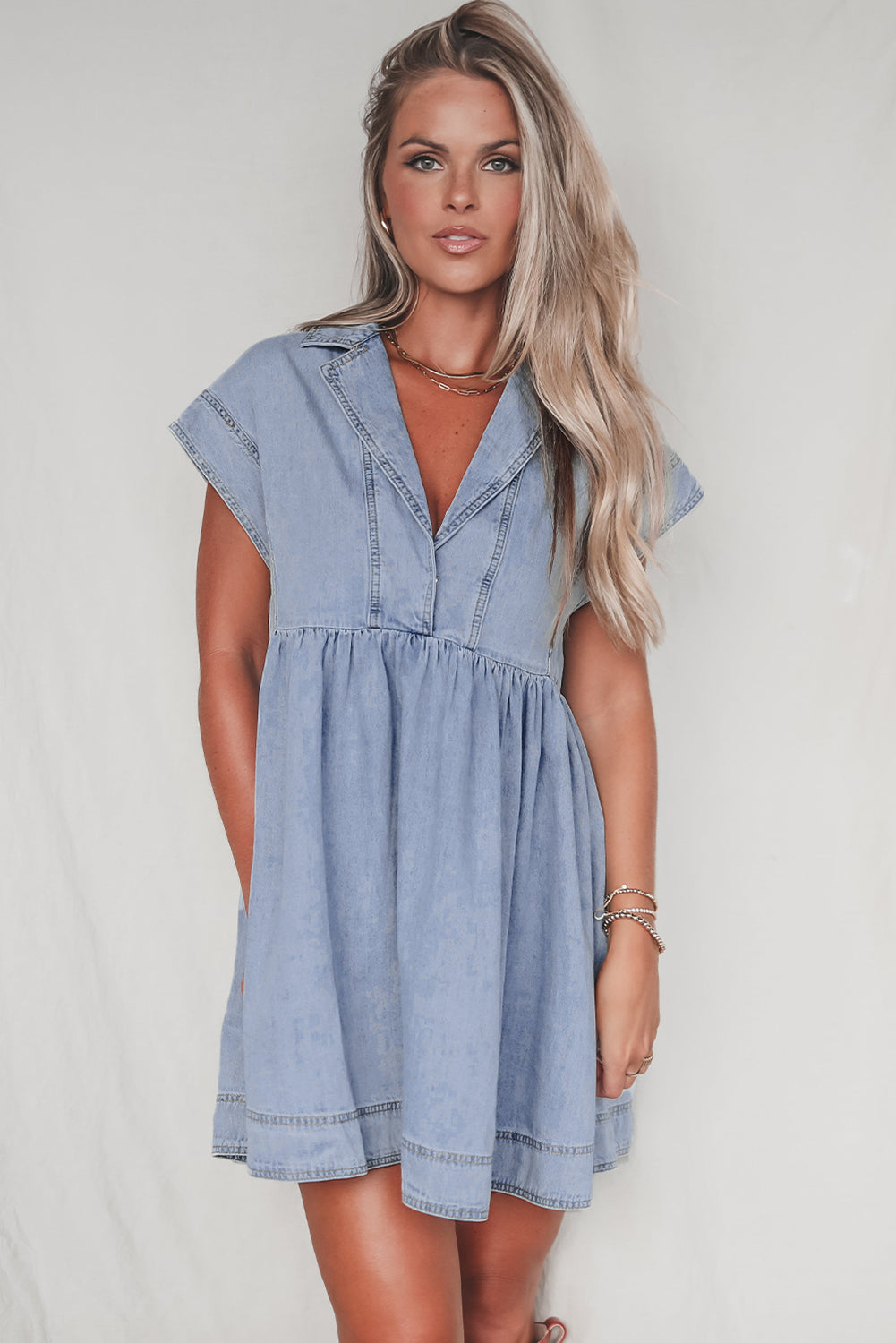 Beau Blue Lapel Neck Cap Sleeve High Waist Denim Babydoll Dress-Dresses/Mini Dresses-[Adult]-[Female]-2022 Online Blue Zone Planet