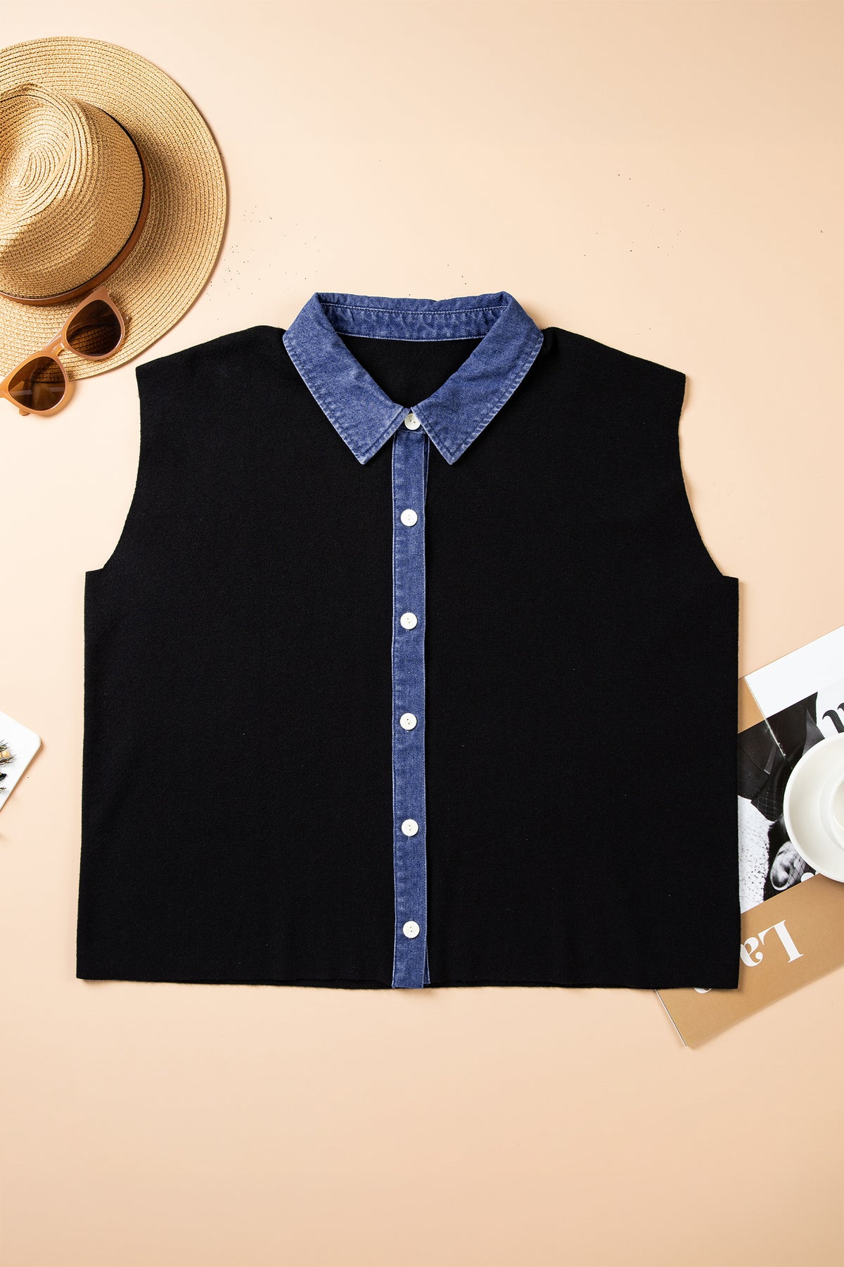 Black Plus Size Sleeveless Patchwork Colorblock V Neck Tunic Top Cardigan