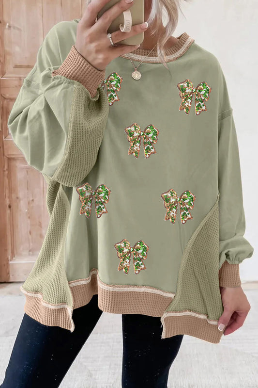 Smoke Green Sequin Bow Patchwork Waffle Colorblock Loose Sweatshirt-Graphic/Graphic Sweatshirts-[Adult]-[Female]-Smoke Green-S-2022 Online Blue Zone Planet