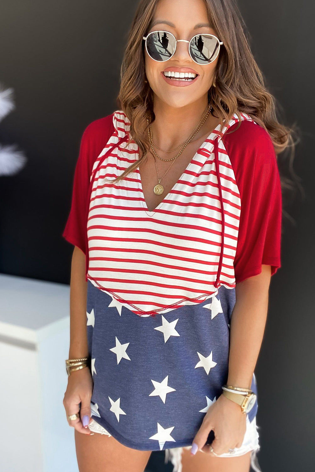 Fiery Red Stars and Stripes Print Drawstring Hooded T Shirt-Tops/Tops & Tees-[Adult]-[Female]-2022 Online Blue Zone Planet