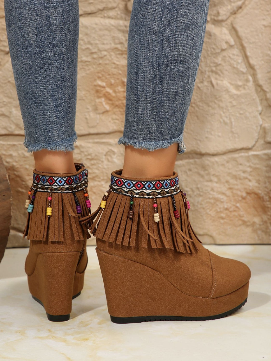 Fringe Suede Wedge Boots-BOOTS-[Adult]-[Female]-2022 Online Blue Zone Planet