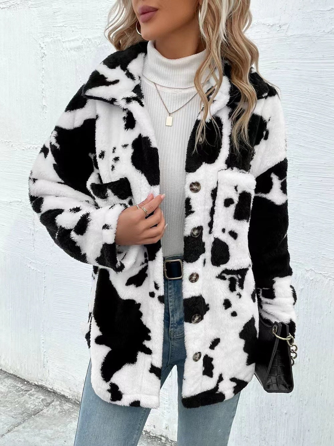 Cow Print Collared Neck Button Up Fuzzy Jacket-TOPS / DRESSES-[Adult]-[Female]-2022 Online Blue Zone Planet