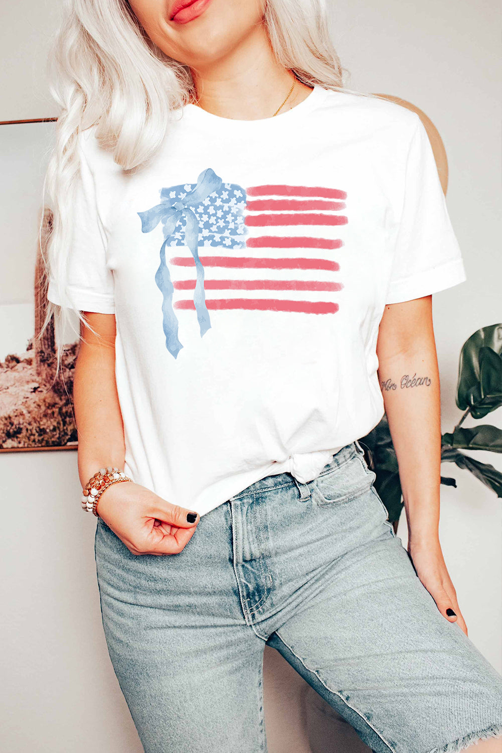 White American Flag Bow Knot Print Crew Neck T Shirt-Graphic/Graphic Tees-[Adult]-[Female]-2022 Online Blue Zone Planet