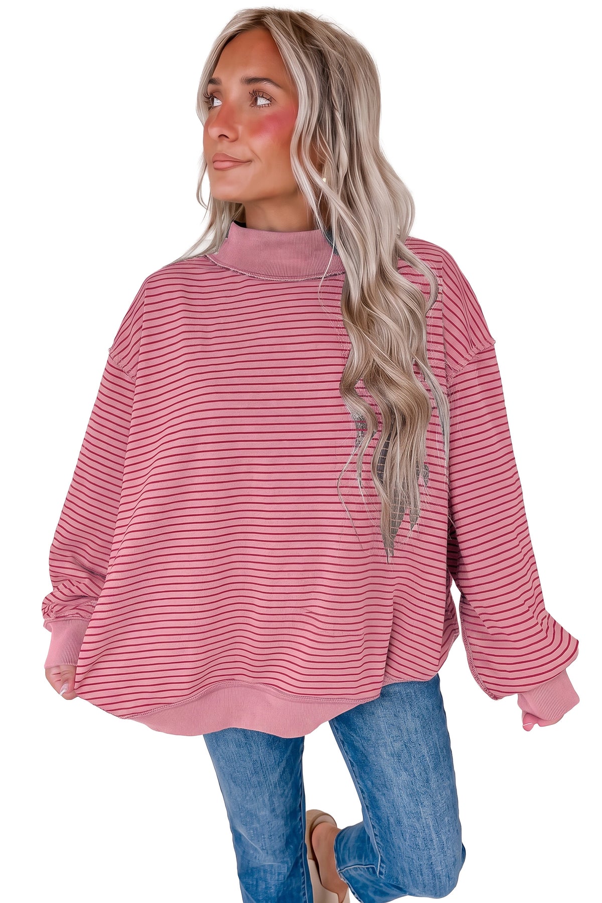 Green Stripe Ribbed Color Block Mock Neck Oversized Sweatshirt-Tops/Sweatshirts & Hoodies-[Adult]-[Female]-2022 Online Blue Zone Planet