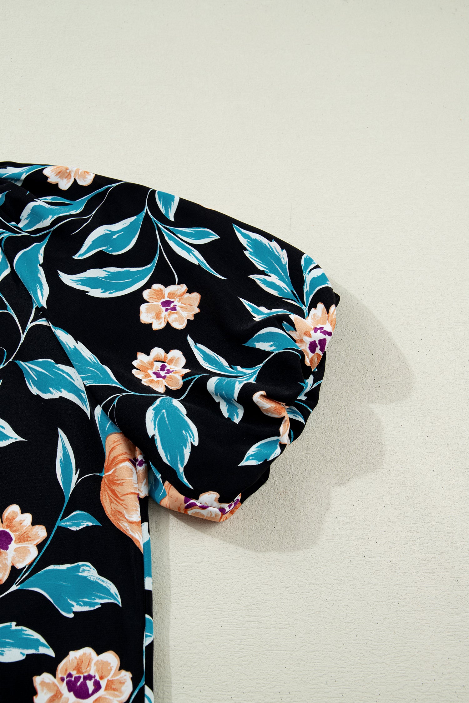 Black Floral Short Bubble Sleeve Buttoned Notched Neck Blouse-Tops/Blouses & Shirts-[Adult]-[Female]-2022 Online Blue Zone Planet
