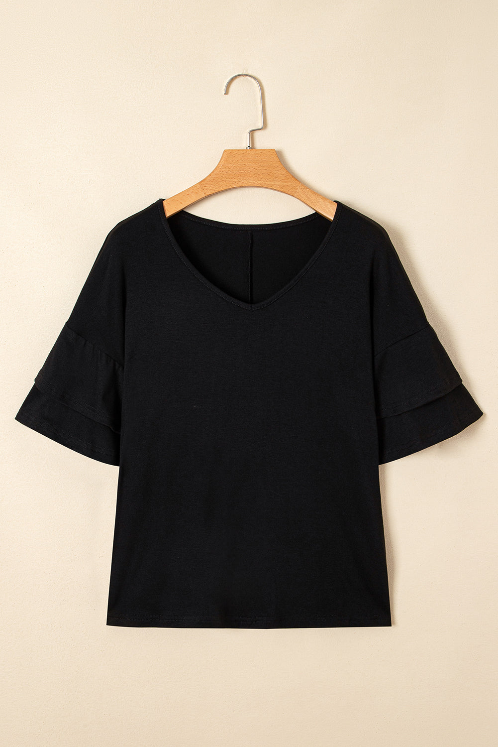 Black Solid Colour V-Neck Double Layer Sleeve Loose T-Shirt-Tops/Tops & Tees-[Adult]-[Female]-2022 Online Blue Zone Planet