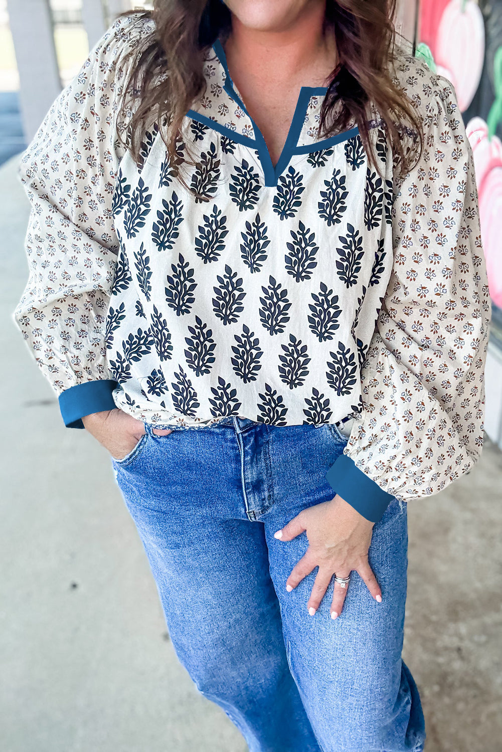 White Plus Size Boho Floral Print Contrast Trim Split Neck Puff Sleeve Patchwork Blouse-Plus Size/Plus Size Tops/Plus Size Blouses & Shirts-[Adult]-[Female]-2022 Online Blue Zone Planet