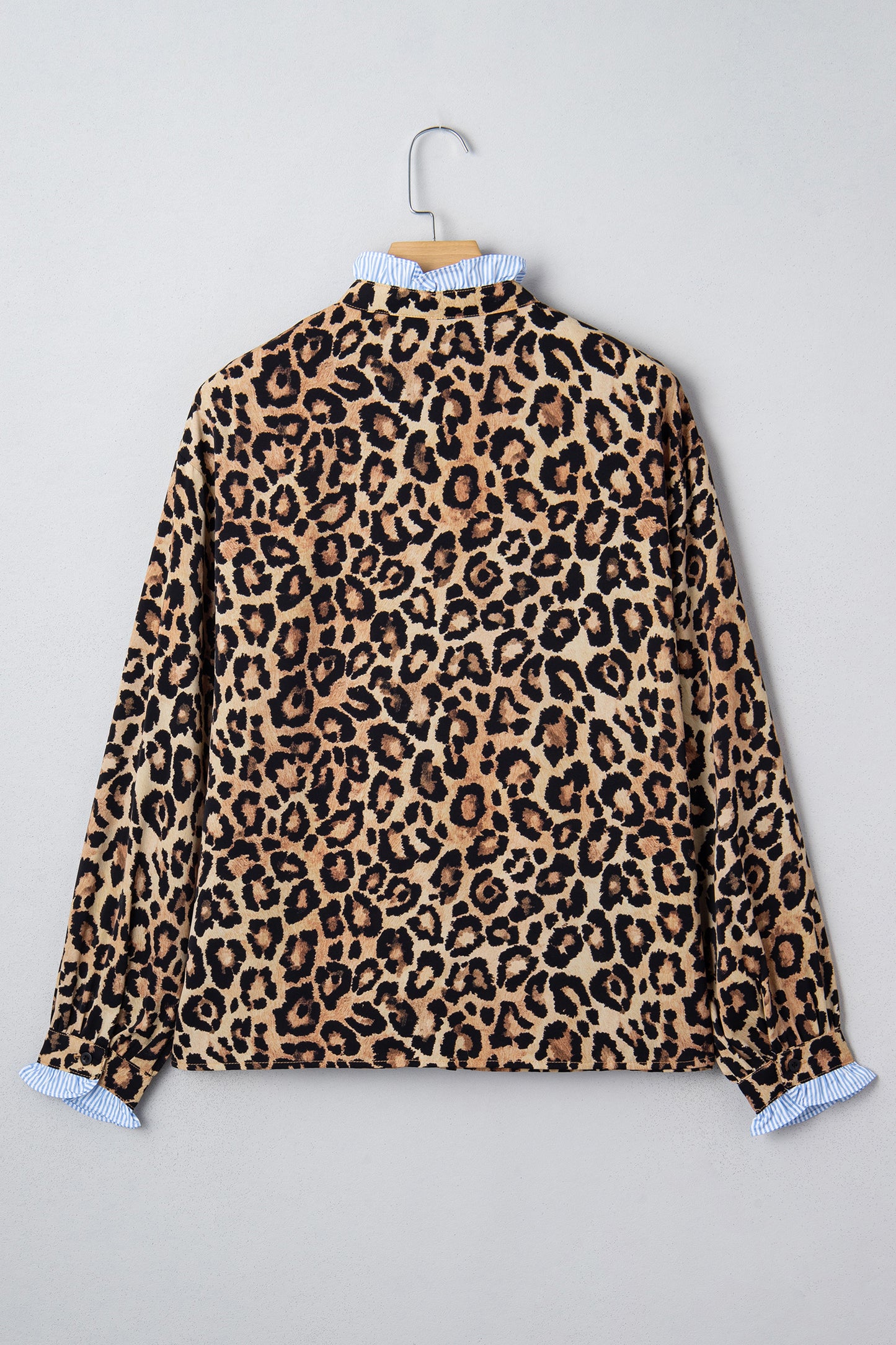 Brown Wild Leopard Print Contrast Striped Frilled Trim Chic Shirt-Tops/Blouses & Shirts-[Adult]-[Female]-2022 Online Blue Zone Planet