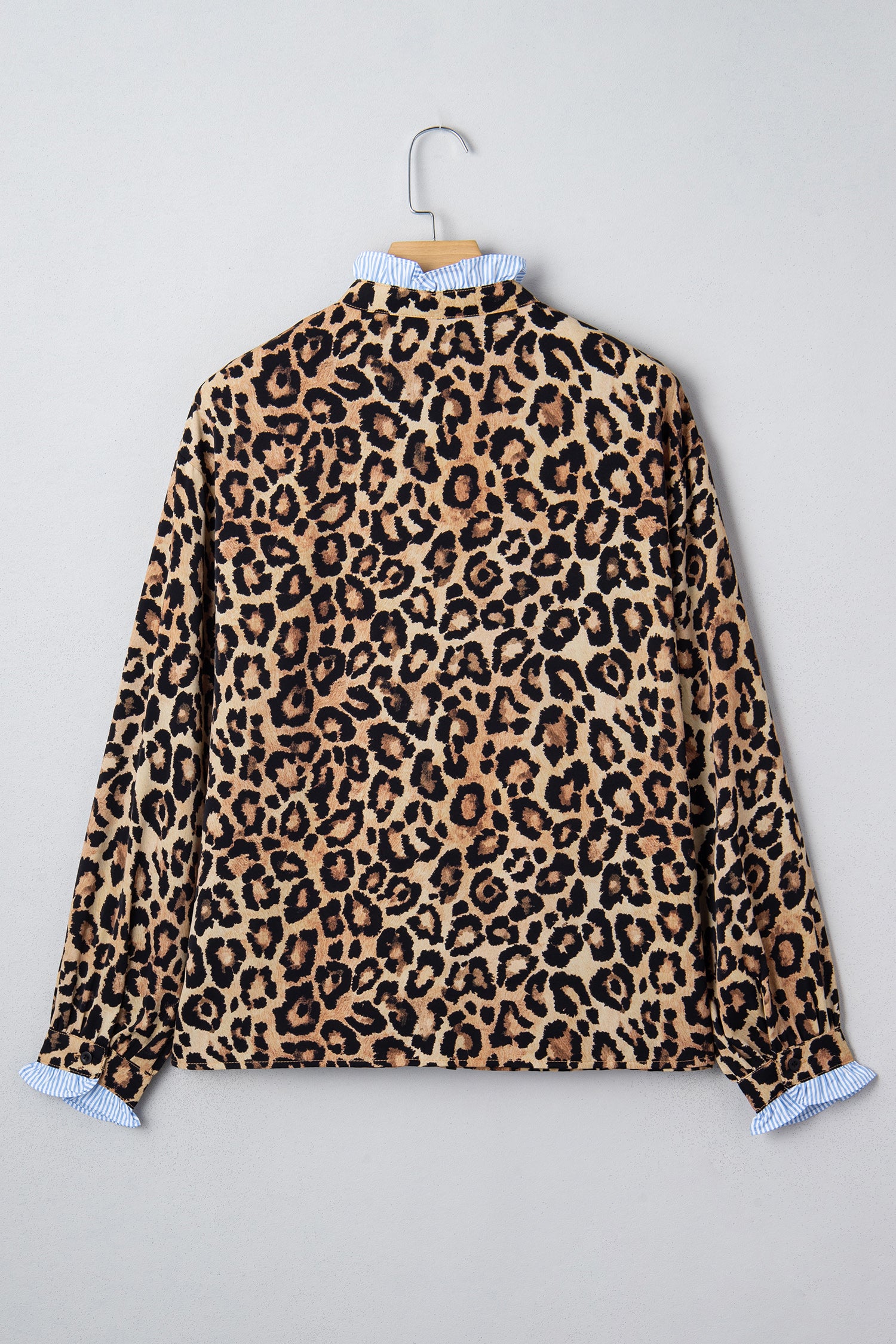 Brown Wild Leopard Print Contrast Striped Frilled Trim Chic Shirt-Tops/Blouses & Shirts-[Adult]-[Female]-2022 Online Blue Zone Planet