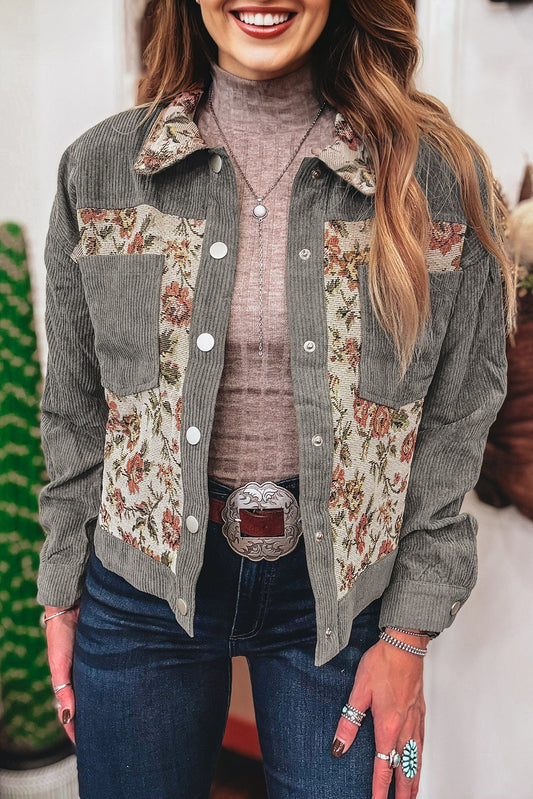 Medium Grey Ribbed Retro Floral Patchwork Shirt Style Jacket-Outerwear/Jackets-[Adult]-[Female]-2022 Online Blue Zone Planet