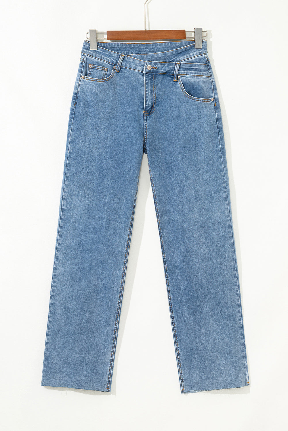 Blue Mid Rise Asymmetrical Waist Wide Leg Jeans-Bottoms/Jeans-[Adult]-[Female]-2022 Online Blue Zone Planet