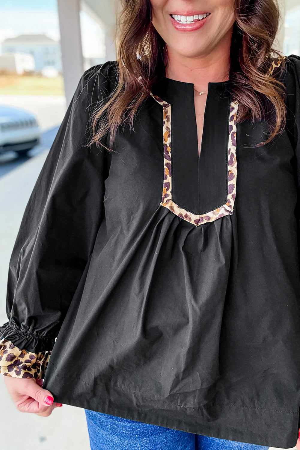 Black Plus Size Split Neck Leopard Trim Flounced Long Sleeve Blouse-Plus Size/Plus Size Tops/Plus Size Blouses & Shirts-[Adult]-[Female]-2022 Online Blue Zone Planet