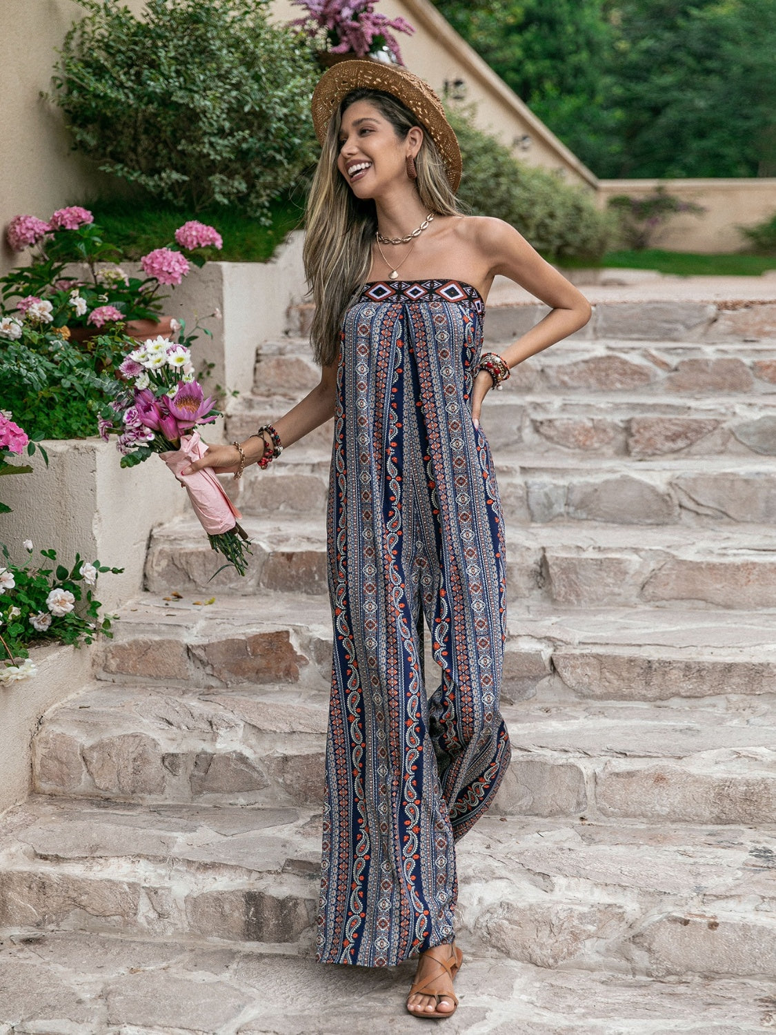 Blue Zone Planet |  Tied Printed Tube Wide Leg Jumpsuit BLUE ZONE PLANET