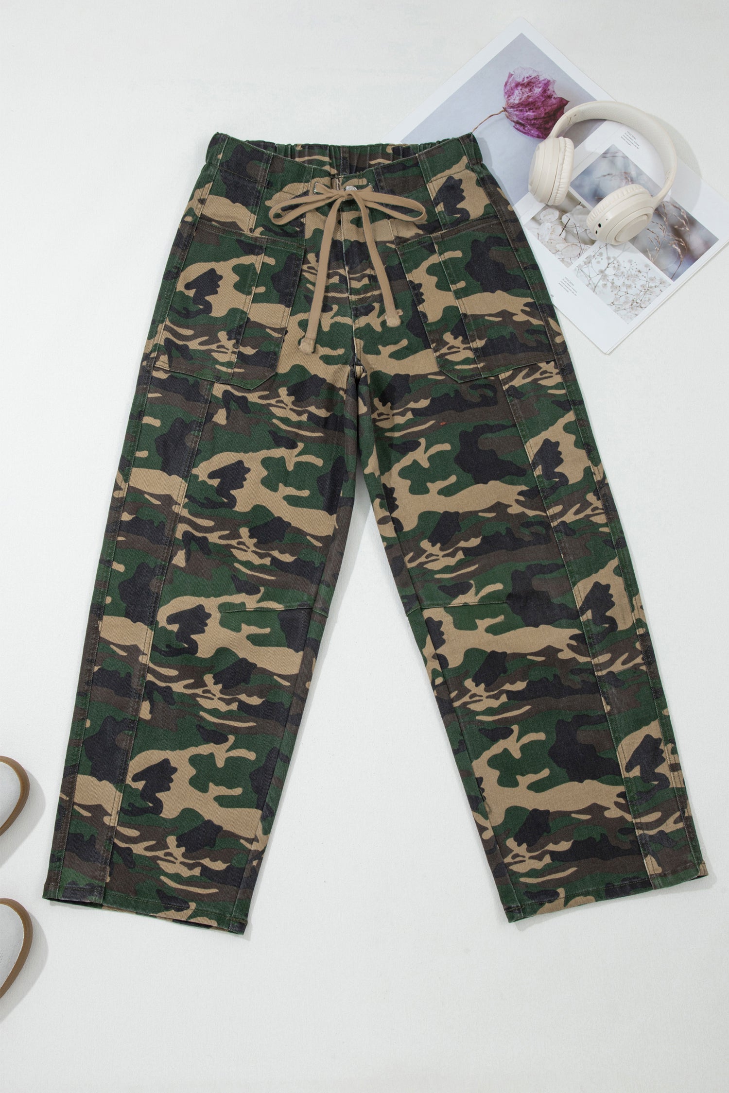 Green Camouflage Print Drawstring Patch Pocket Barrel Jeans-Bottoms/Jeans-[Adult]-[Female]-2022 Online Blue Zone Planet