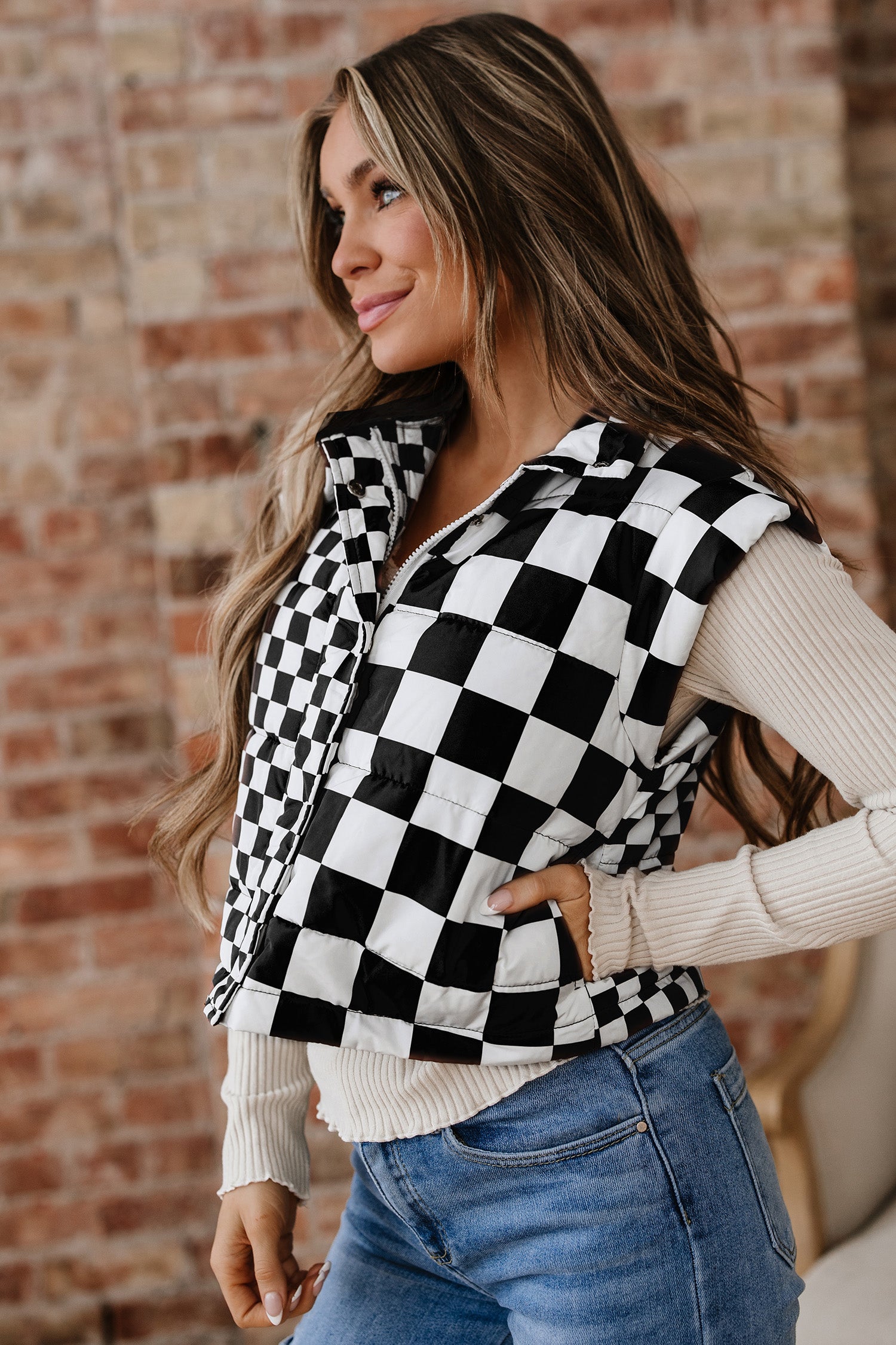 Black Double Checked Stand Collar Cropped Puffer Vest-Outerwear/Vests-[Adult]-[Female]-2022 Online Blue Zone Planet