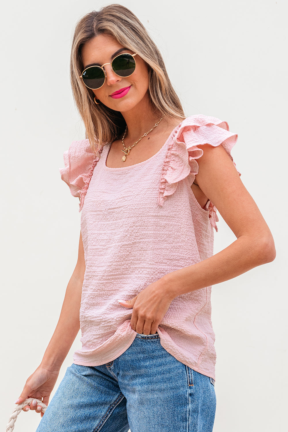 Gossamer Pink Textured Bow Knot Frilled Butterfly Sleeve Blouse-Tops/Blouses & Shirts-[Adult]-[Female]-2022 Online Blue Zone Planet