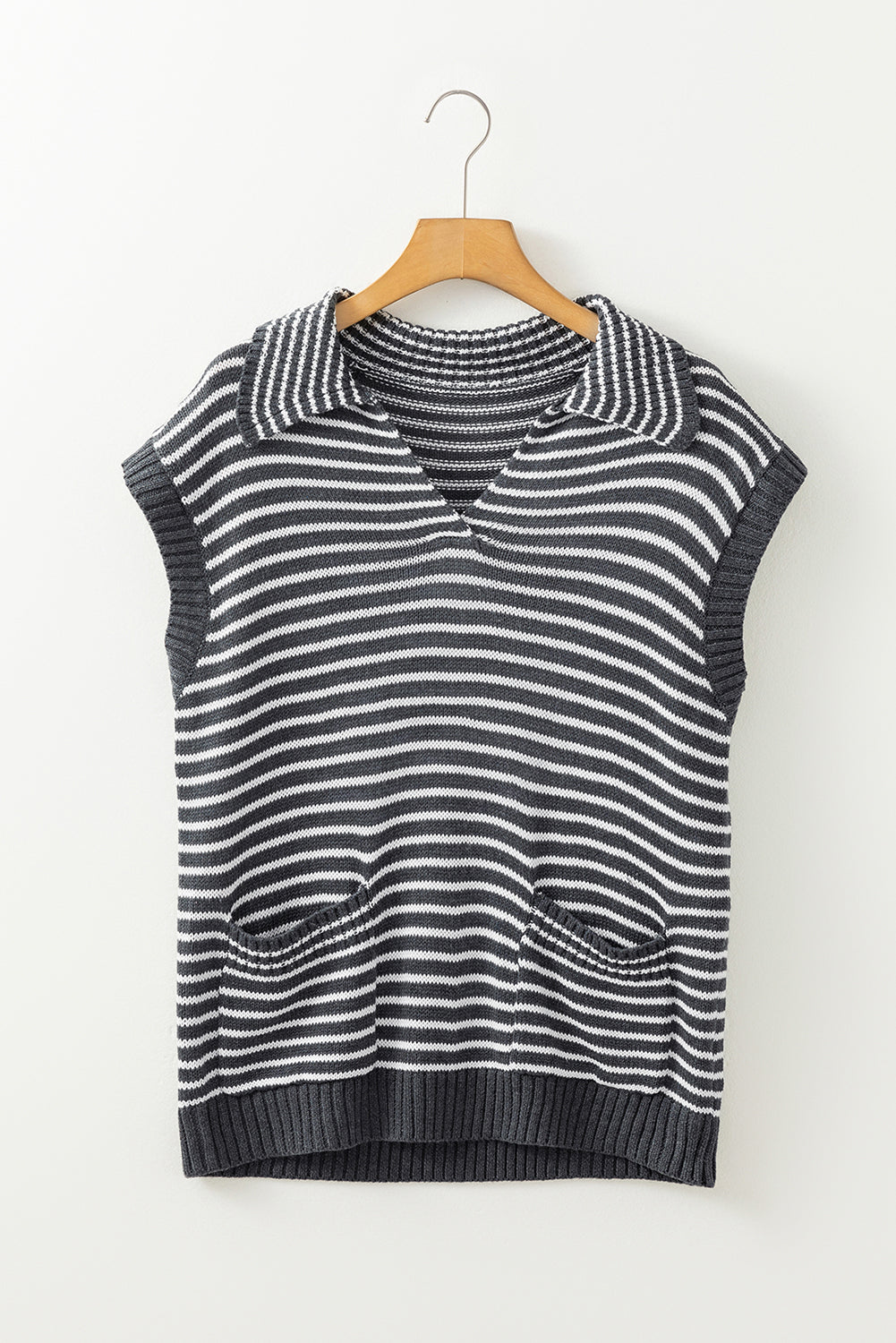 Blue Zone Planet | Pocketed Striped Johnny Collar Sweater Vest-TOPS / DRESSES-[Adult]-[Female]-2022 Online Blue Zone Planet