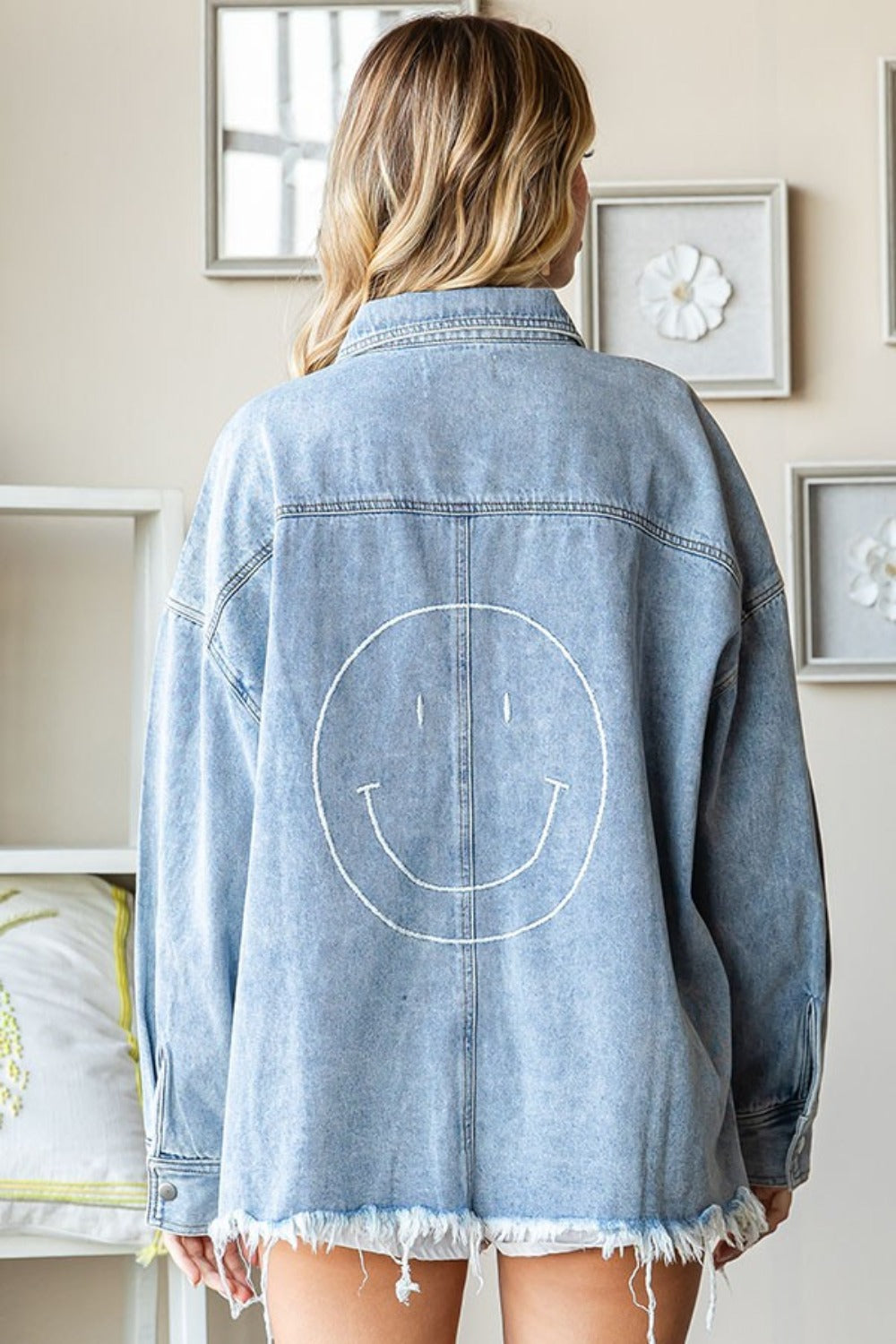 First Love Smile Face Button Down Raw Hem Denim Jacket-TOPS / DRESSES-[Adult]-[Female]-2022 Online Blue Zone Planet