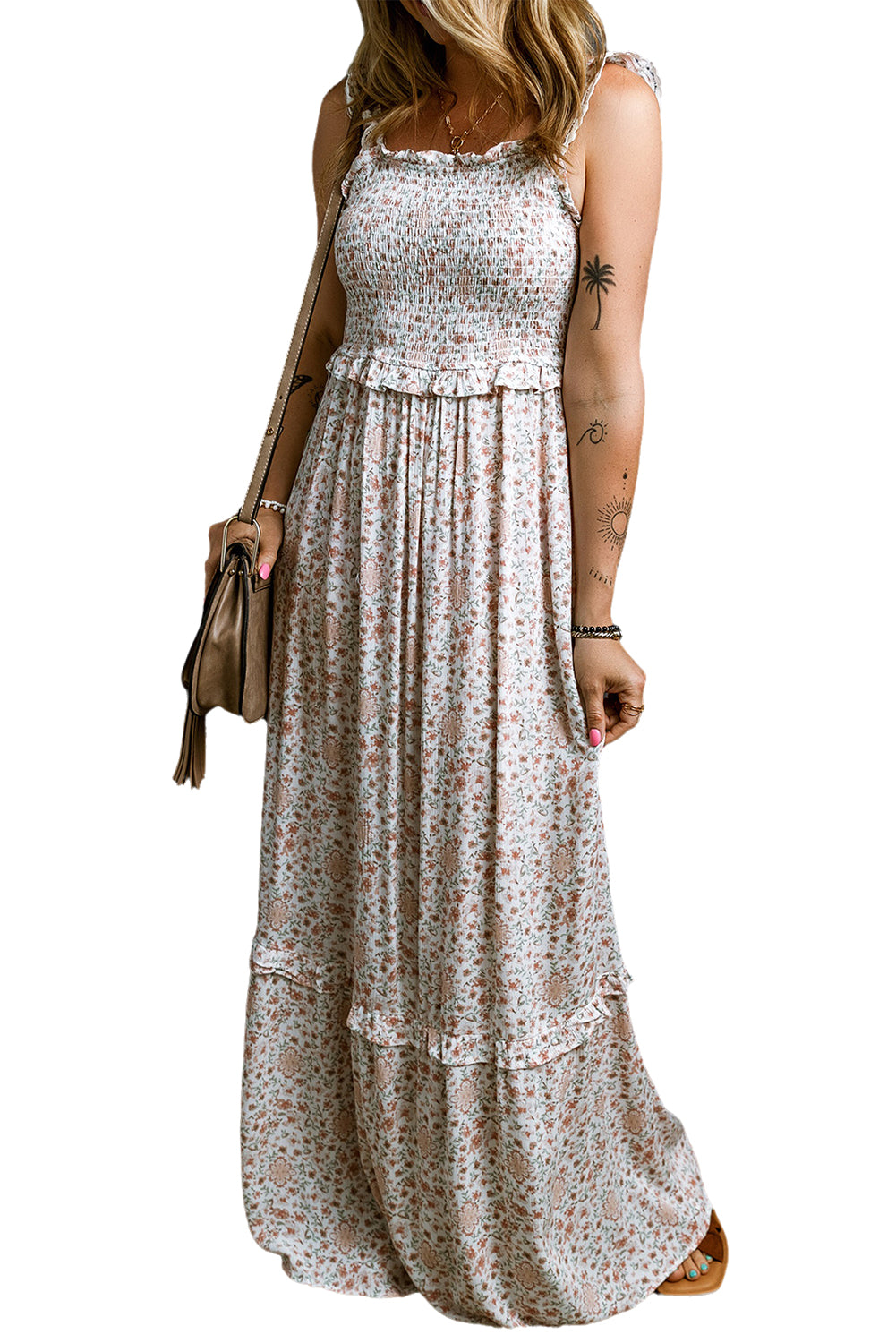 Blue Zone Planet |  White Lace Frilly Straps Shirred Floral Maxi Dress Blue Zone Planet