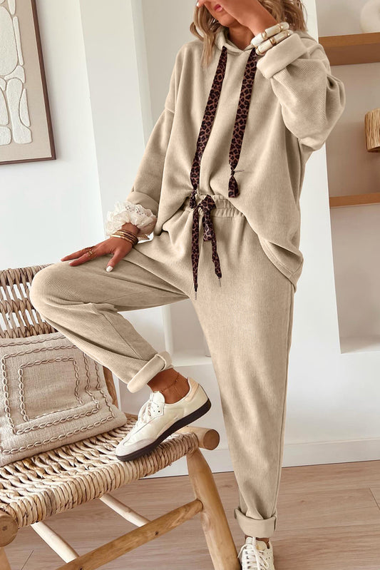 Parchment Leopard Drawstring Pullover Hoodie and High Waist Pants Corduroy Suit-Tops / Dresses-[Adult]-[Female]-2022 Online Blue Zone Planet