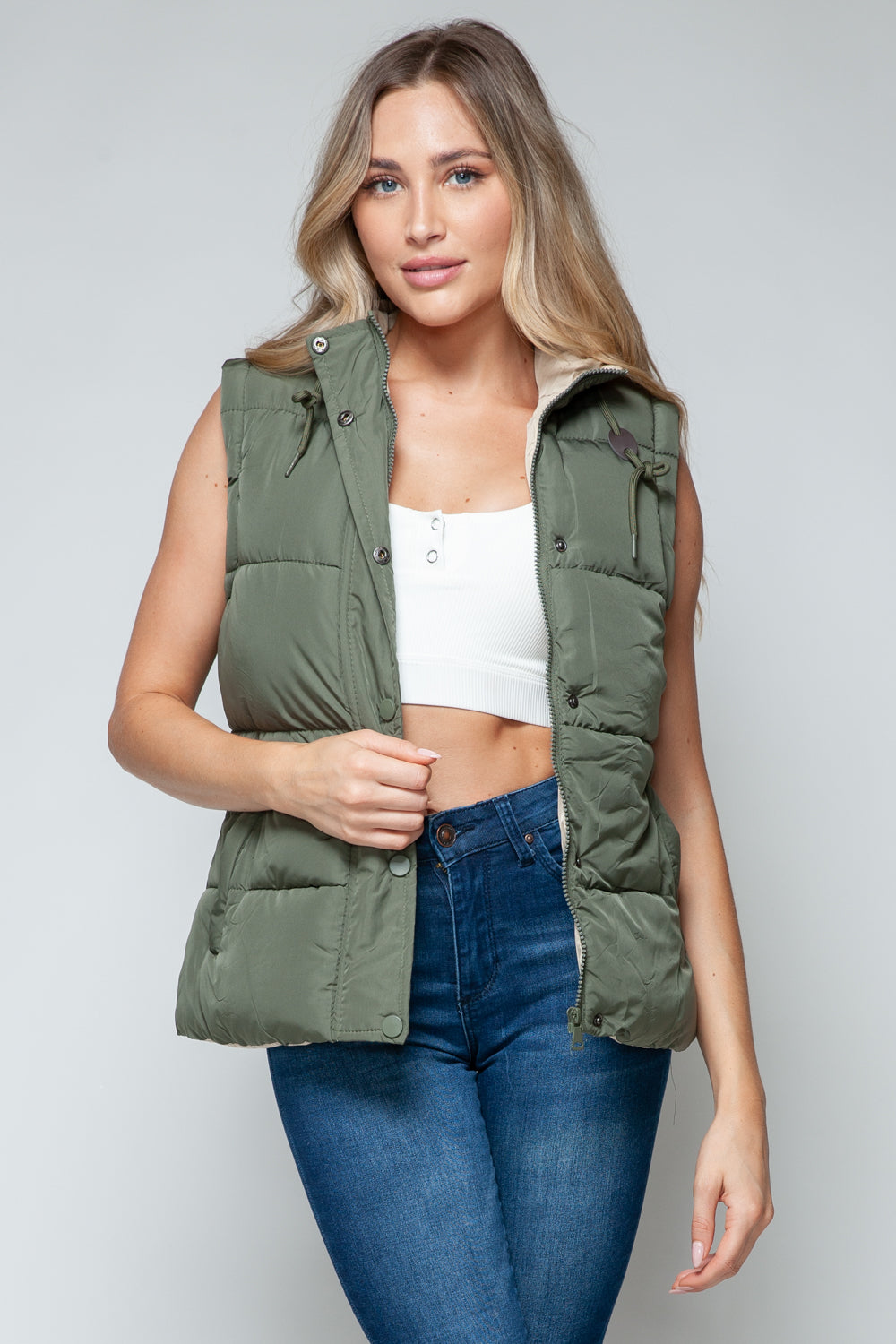 Snobbish Snap and Zip Closure Hooded Vest-TOPS / DRESSES-[Adult]-[Female]-Light Olive/Sand-S-2022 Online Blue Zone Planet