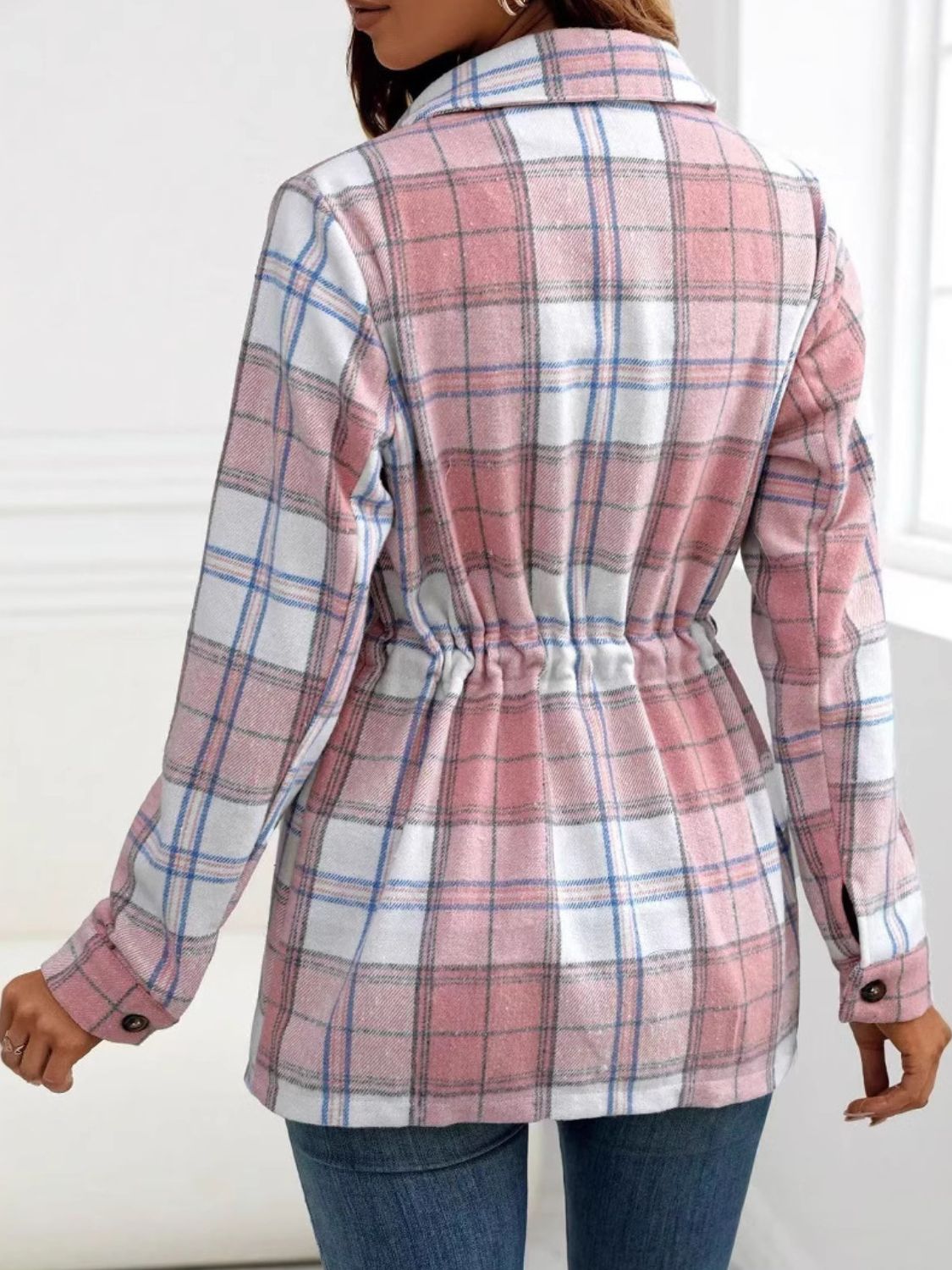 Blue Zone Planet | Drawstring Plaid Button Up Jacket with Chest Pockets-TOPS / DRESSES-[Adult]-[Female]-2022 Online Blue Zone Planet