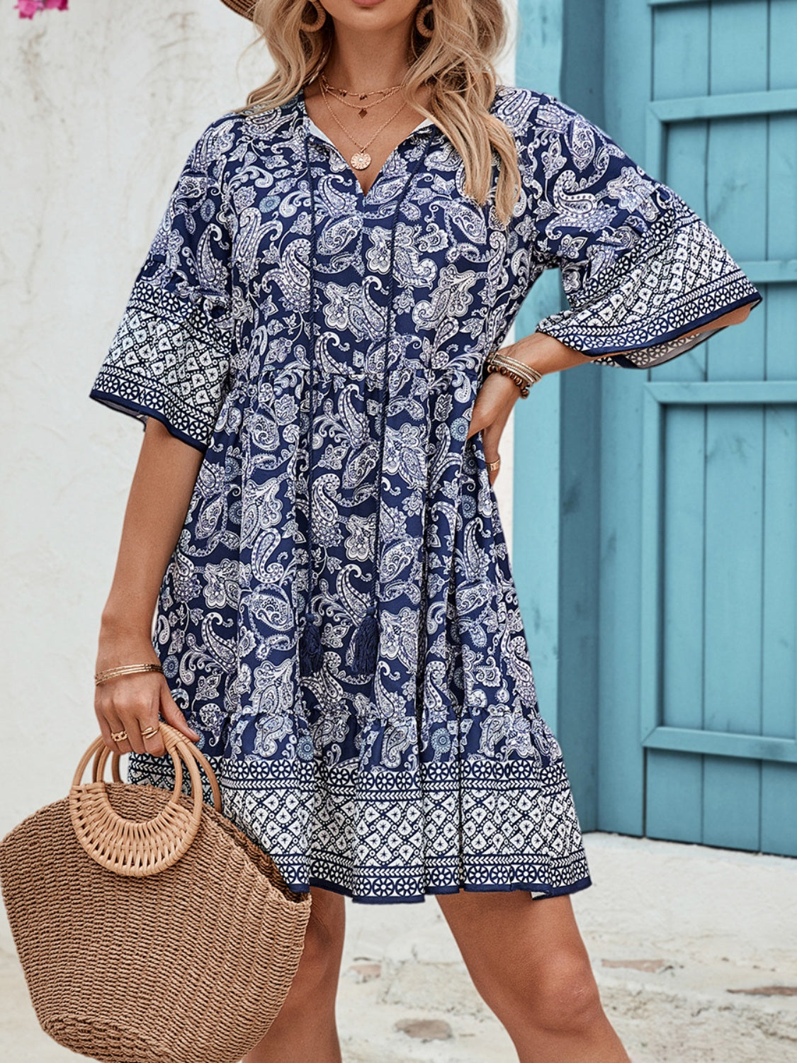 Honey Tied Printed Half Sleeve Dress-TOPS / DRESSES-[Adult]-[Female]-2022 Online Blue Zone Planet