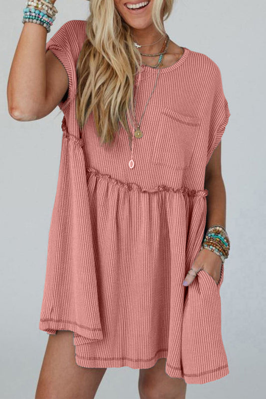 Dusty Pink Corded Knit Textured Patched Pocket Frilled Swing Mini Dress with Pockets-TOPS / DRESSES-[Adult]-[Female]-Dusty Pink-S-2022 Online Blue Zone Planet
