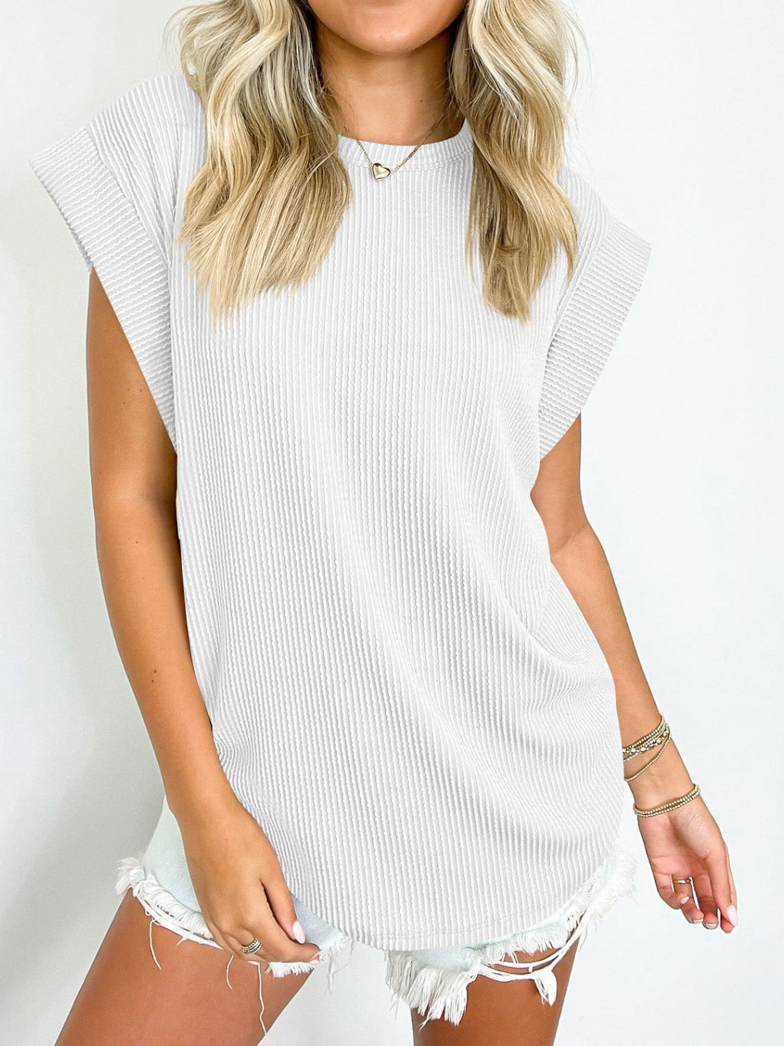 Blue Zone Planet | Lovelet Textured Round Neck Cap Sleeve Blouse-TOPS / DRESSES-[Adult]-[Female]-White-S-2022 Online Blue Zone Planet