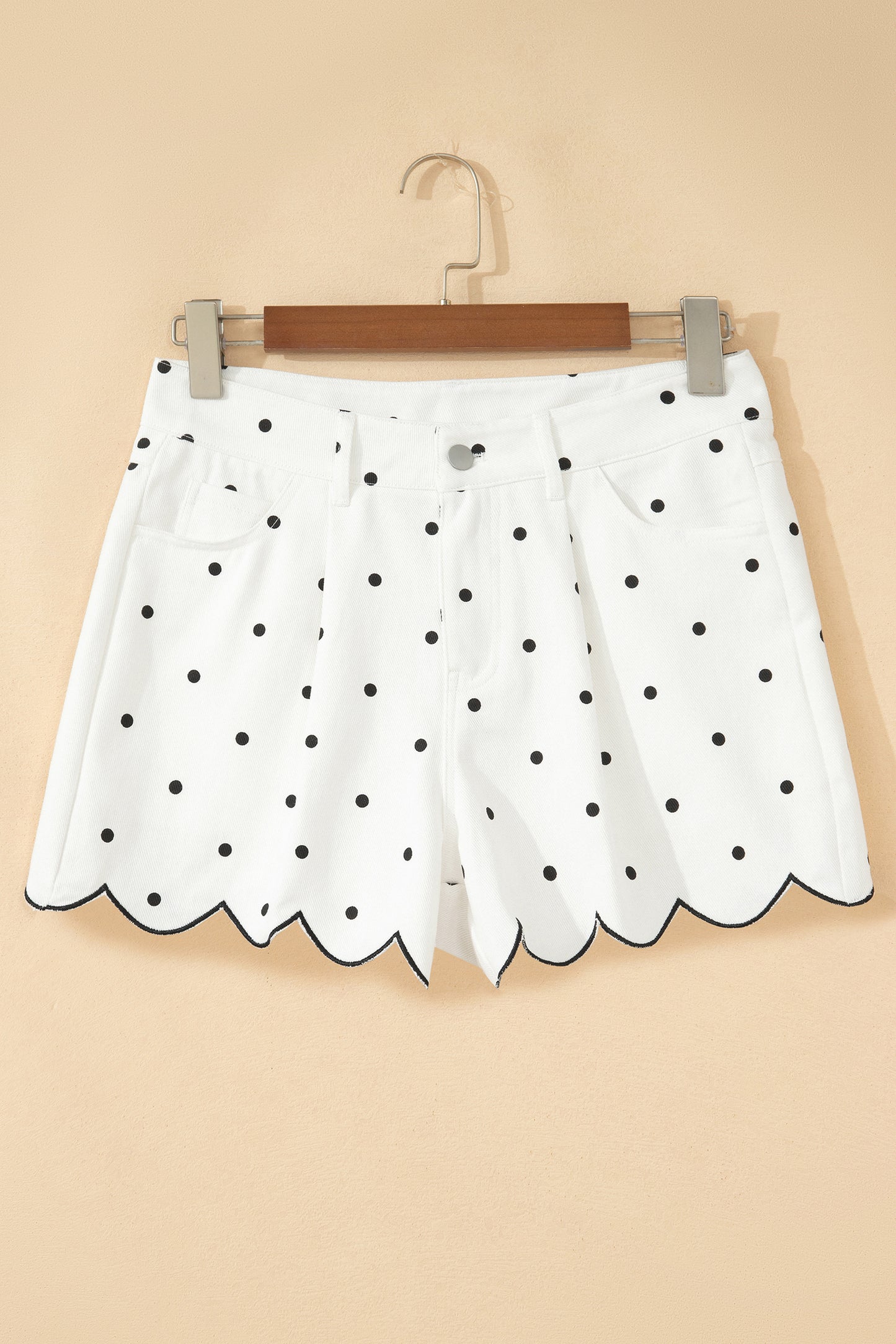 White Polka Dot Print Embroidered Scallop Hem Shorts-Bottoms/Casual Shorts-[Adult]-[Female]-2022 Online Blue Zone Planet