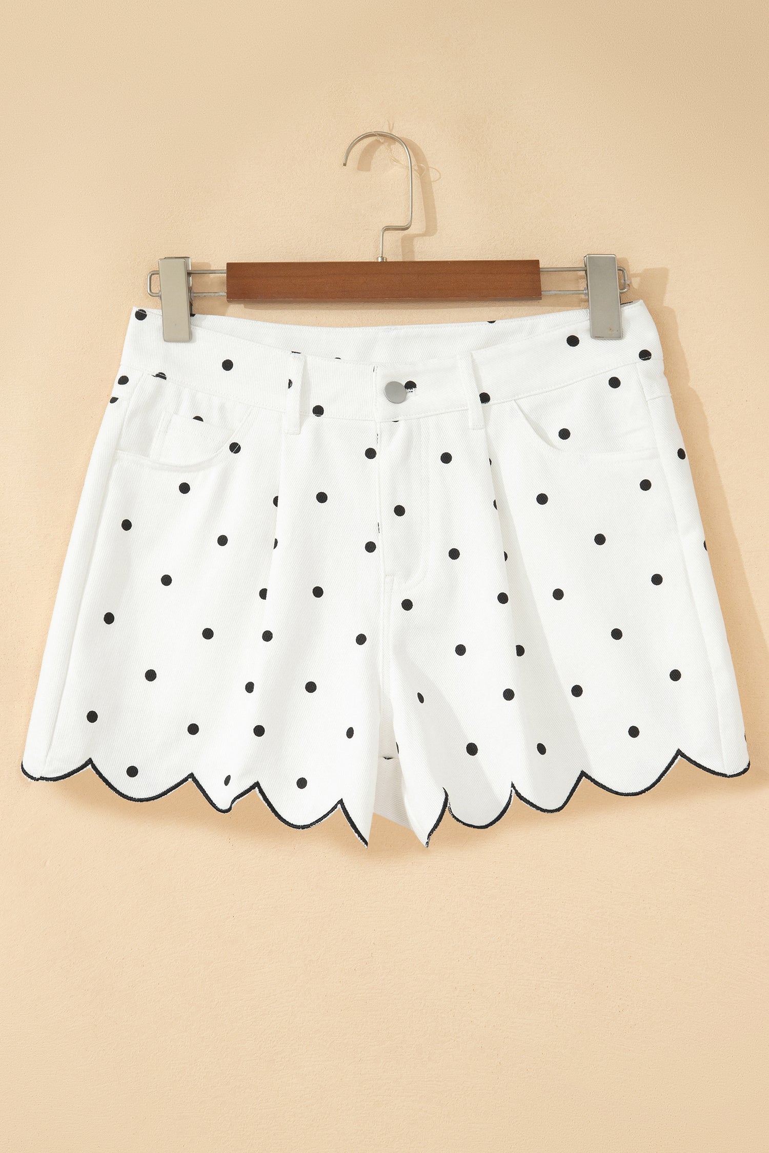 White Polka Dot Print Embroidered Scallop Hem Shorts-Bottoms/Casual Shorts-[Adult]-[Female]-2022 Online Blue Zone Planet
