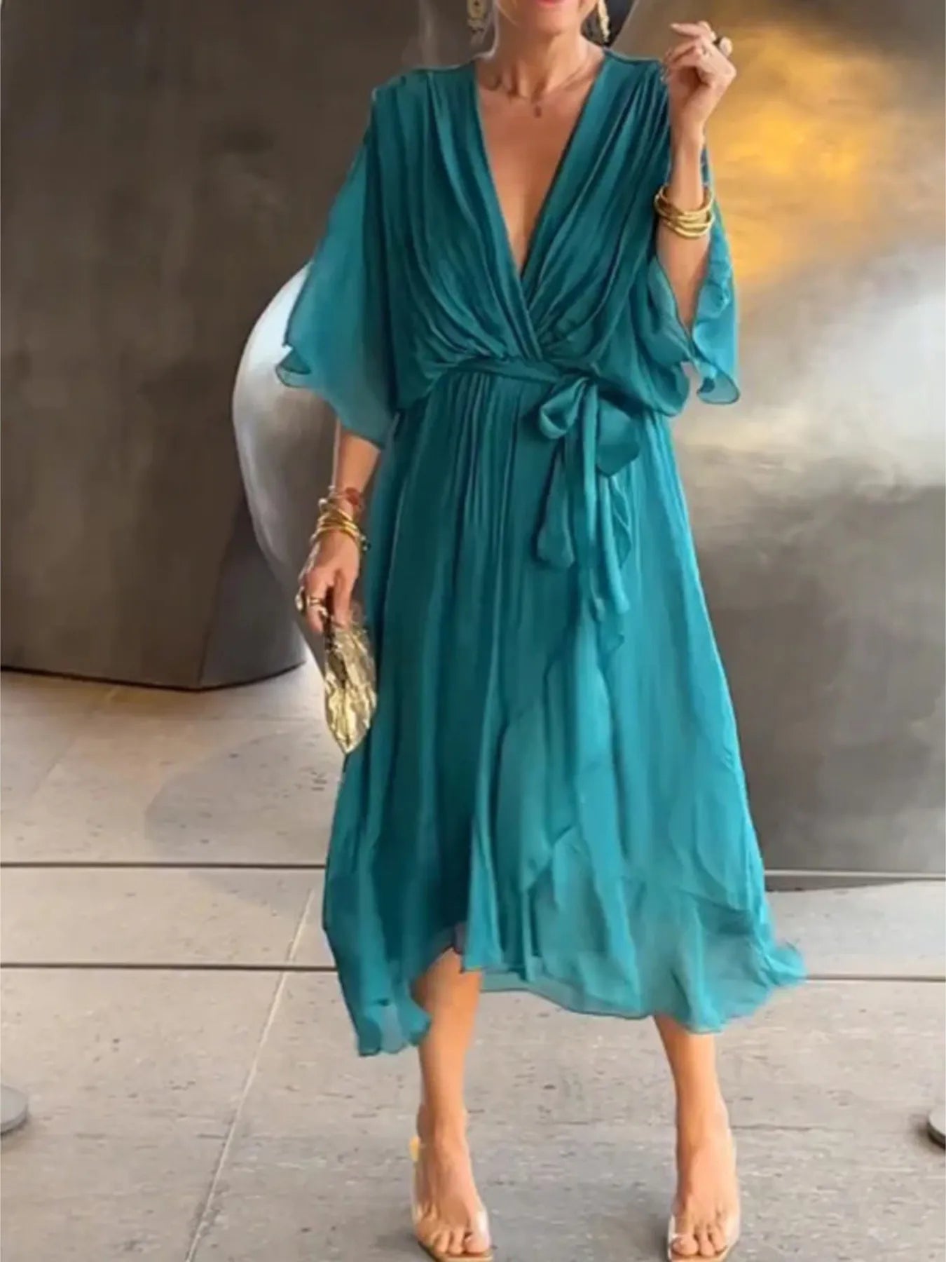 Full Size Flowy Tie Front Midi Dress With Flutter Sleeves Plus Size Lake Blue / 3XL by Blue Zone Planet
