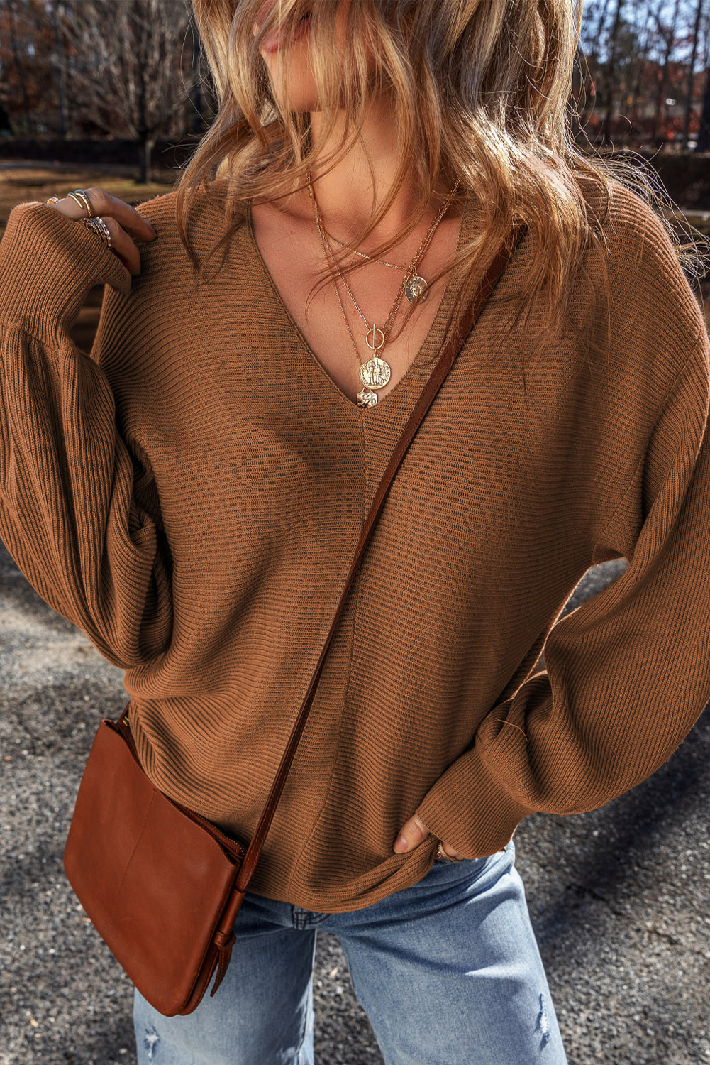 Camel Ribbed Knit Drop Sleeve V Neck Loose Fit Sweater-Sweaters & Cardigans/Sweaters-[Adult]-[Female]-2022 Online Blue Zone Planet