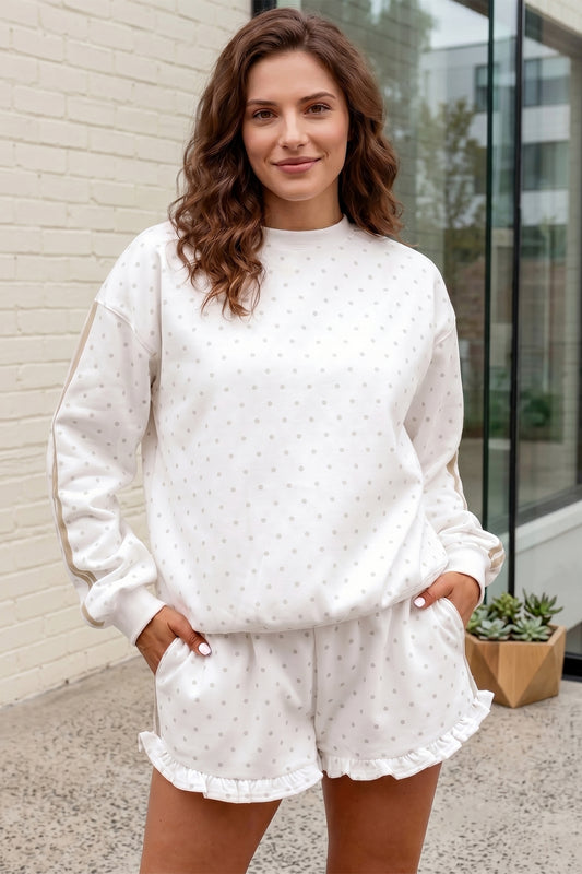White Polka Dot Print Side Stripe Detail Casual Sweatshirt 2pcs Short Set-Two Piece Sets/Short Sets-[Adult]-[Female]-White-S-2022 Online Blue Zone Planet