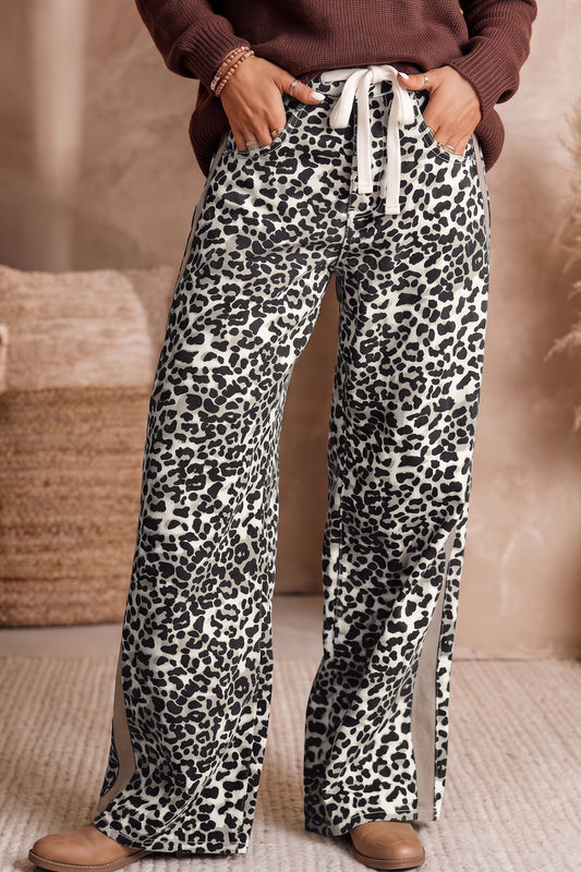 Khaki Leopard Print Drawstring Waist Straight Leg Jeans-Bottoms/Jeans-[Adult]-[Female]-Khaki-4-2022 Online Blue Zone Planet