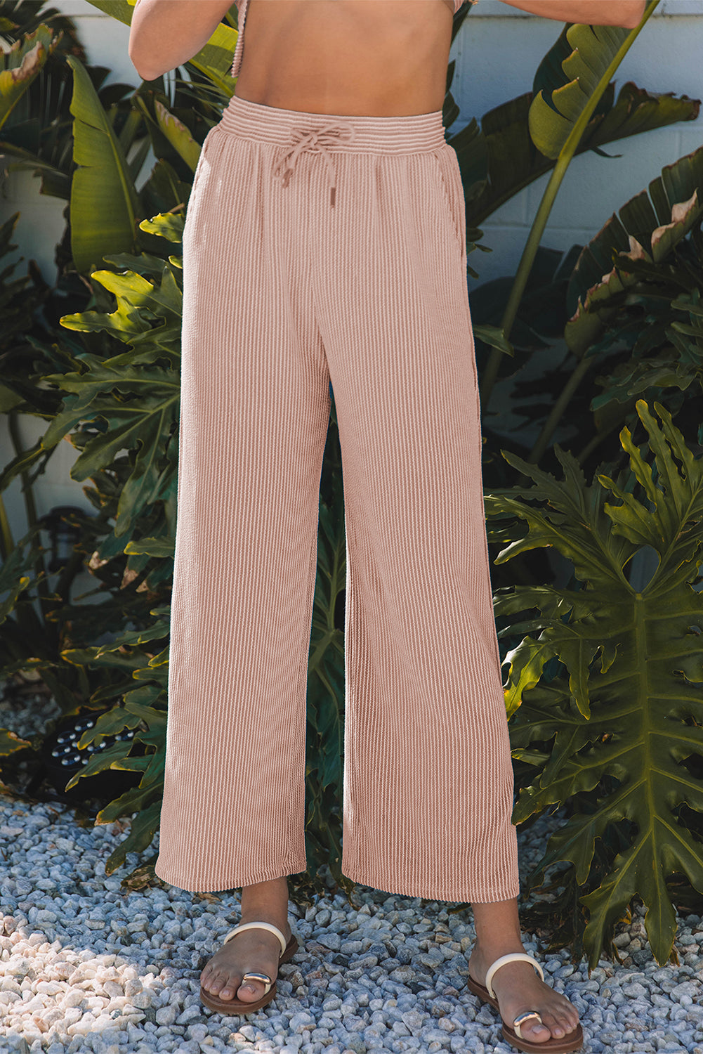 Smoke Gray Solid Corded Knit Short Sleeve T Shirt And Wide Leg Pants Set-Two Piece Sets/Pant Sets-[Adult]-[Female]-2022 Online Blue Zone Planet