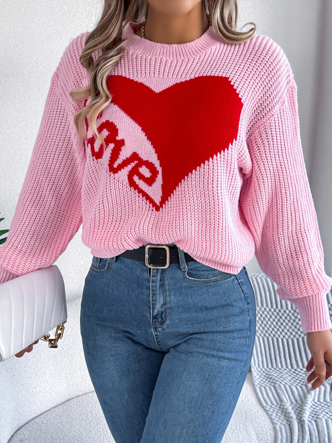 Blue Zone Planet | LOVE Heart Round Neck Dropped Shoulder Sweater-TOPS / DRESSES-[Adult]-[Female]-2022 Online Blue Zone Planet