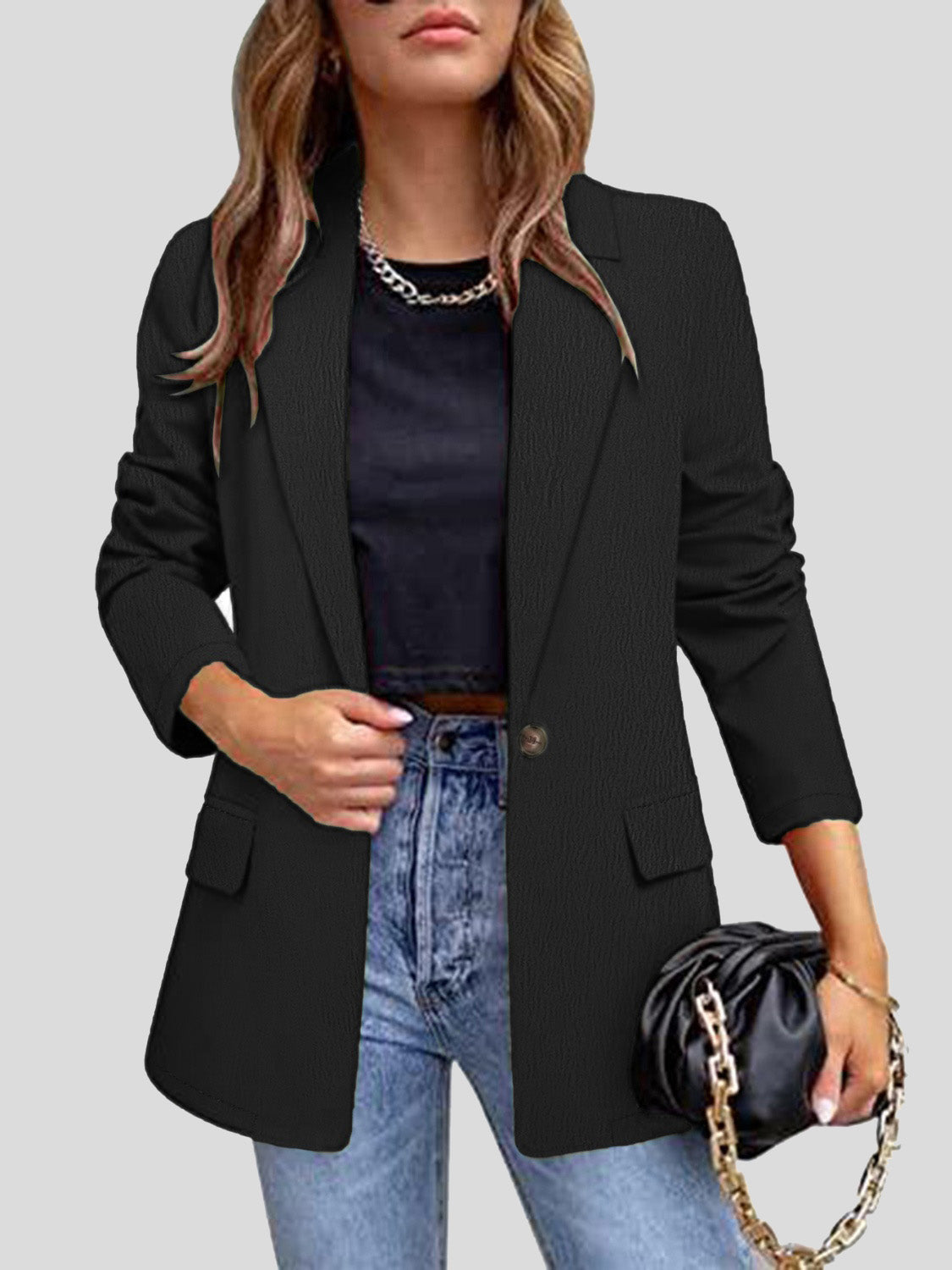 Lapel Collar Long Sleeve Blazer-TOPS / DRESSES-[Adult]-[Female]-Black-S-2022 Online Blue Zone Planet