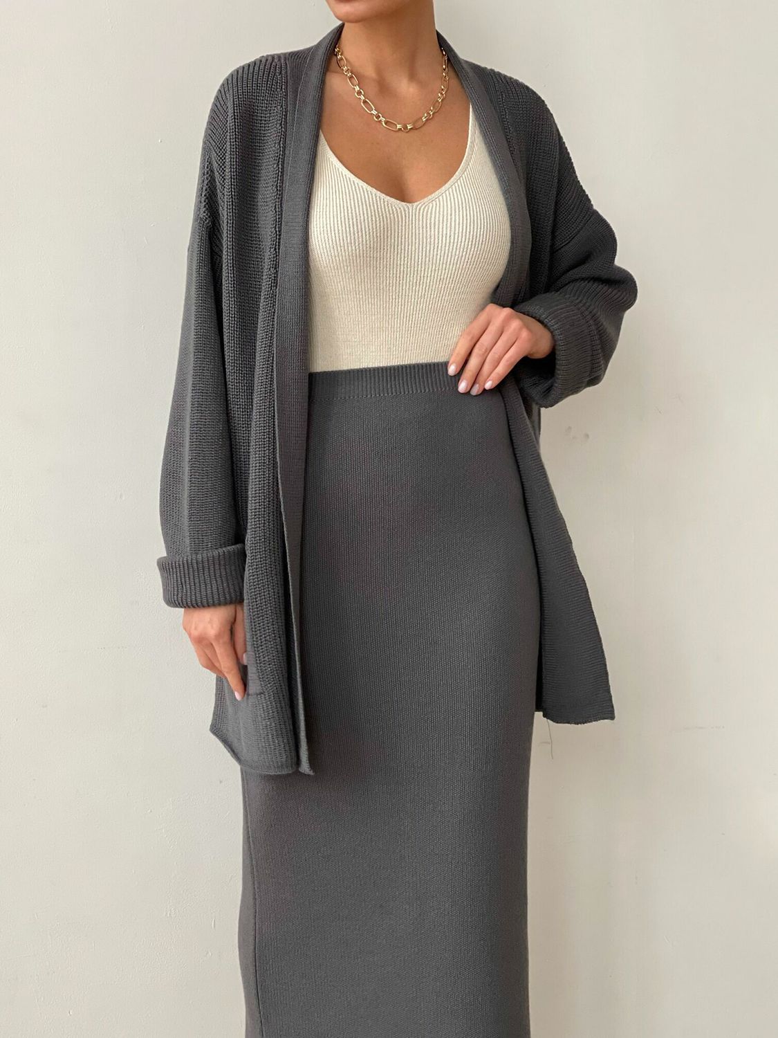 Pocketed Long Sleeve Cardigan and Skirt Sweater Set-TOPS / DRESSES-[Adult]-[Female]-Dark Gray-One Size-2022 Online Blue Zone Planet