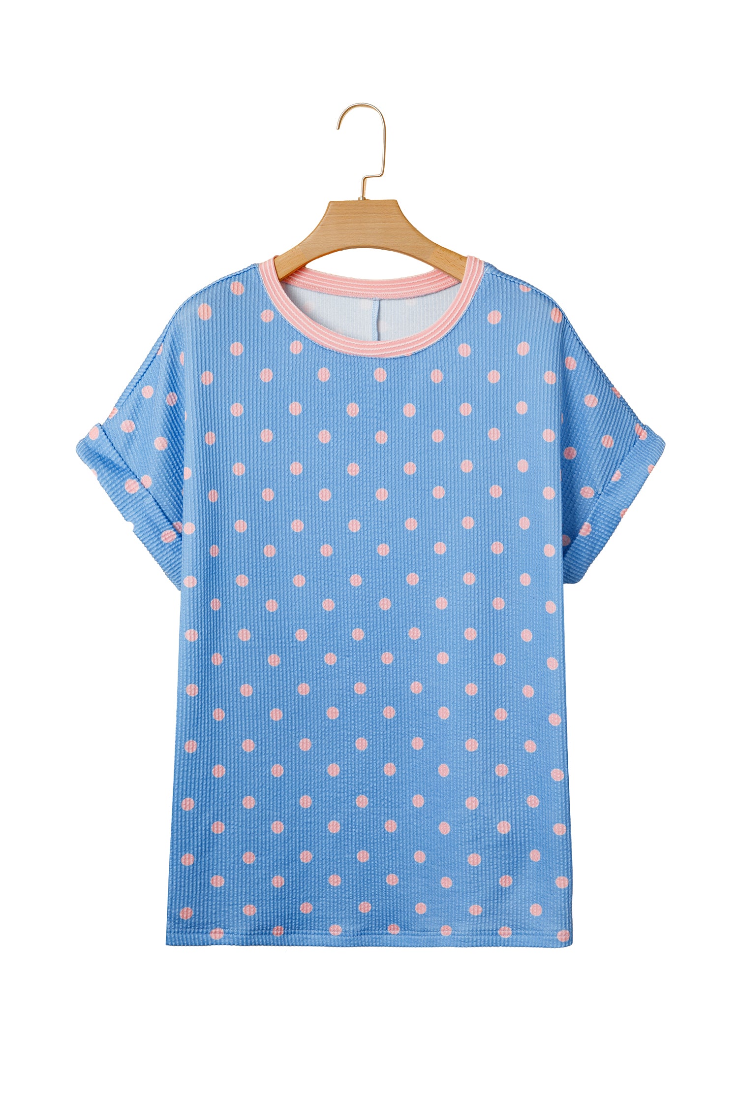 Sky Blue Raised Rib Polka Dot Print Cuffed Short Sleeve Top-Tops/Tops & Tees-[Adult]-[Female]-2022 Online Blue Zone Planet