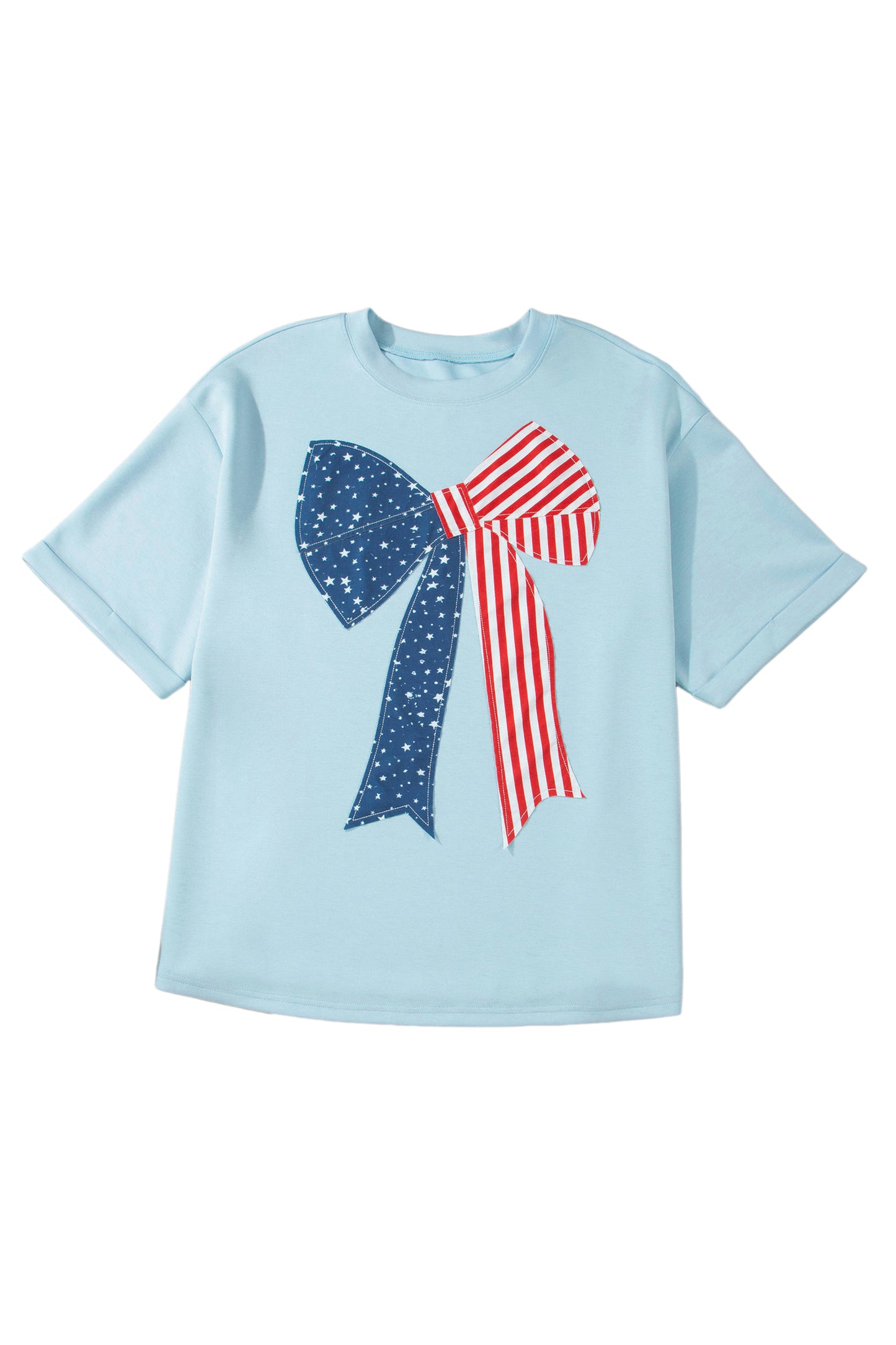 Beau Blue Plus Size Patriotic Bow Patchwork Graphic T-Shirt-Plus Size/Plus Size Tops/Plus Size Tops & Tees-[Adult]-[Female]-2022 Online Blue Zone Planet
