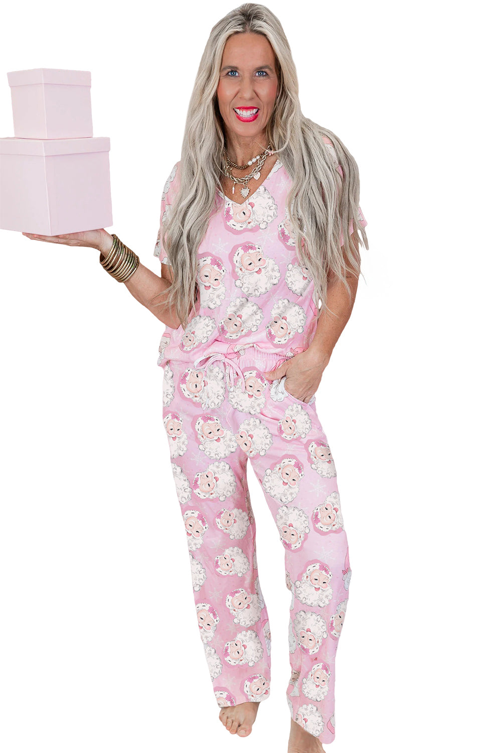Pink Christmas Santa Claus V Neck Tee Drawstring Pants Pajama Set-Loungewear Set-[Adult]-[Female]-2022 Online Blue Zone Planet