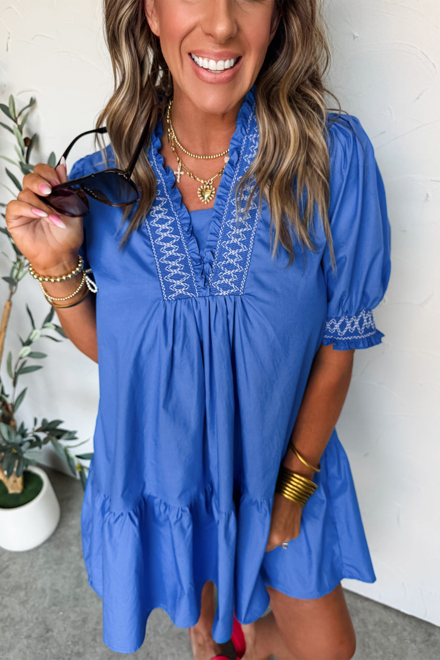 Sky Blue Embroidered Smocked Detail V Neck Short Puff Sleeve Mini Dress-Dresses/Mini Dresses-[Adult]-[Female]-2022 Online Blue Zone Planet