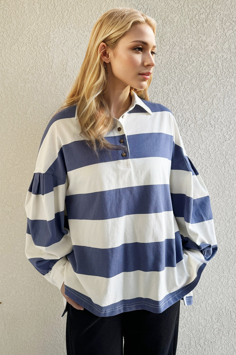 Oh Pima Cotton Wash Wide Striped Collared Neck Long Sleeve Top-TOPS / DRESSES-[Adult]-[Female]-2022 Online Blue Zone Planet