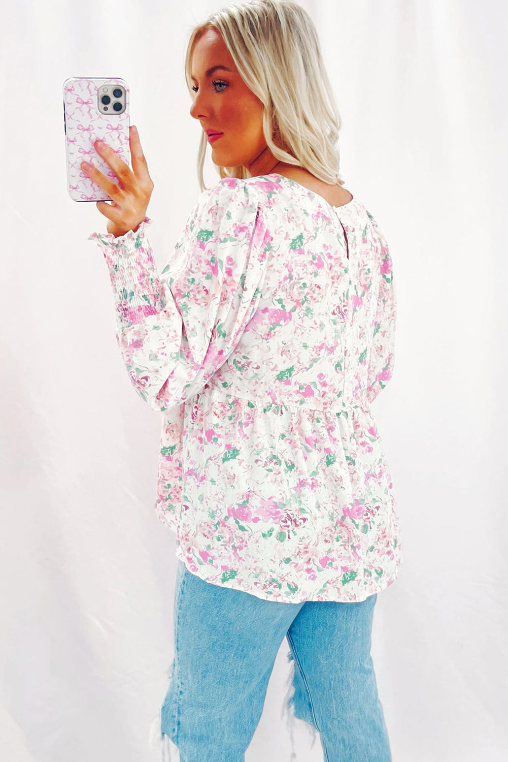 Pink Floral Print Shirred Balloon Sleeve Keyhole Back Babydoll Blouse-Tops/Blouses & Shirts-[Adult]-[Female]-2022 Online Blue Zone Planet